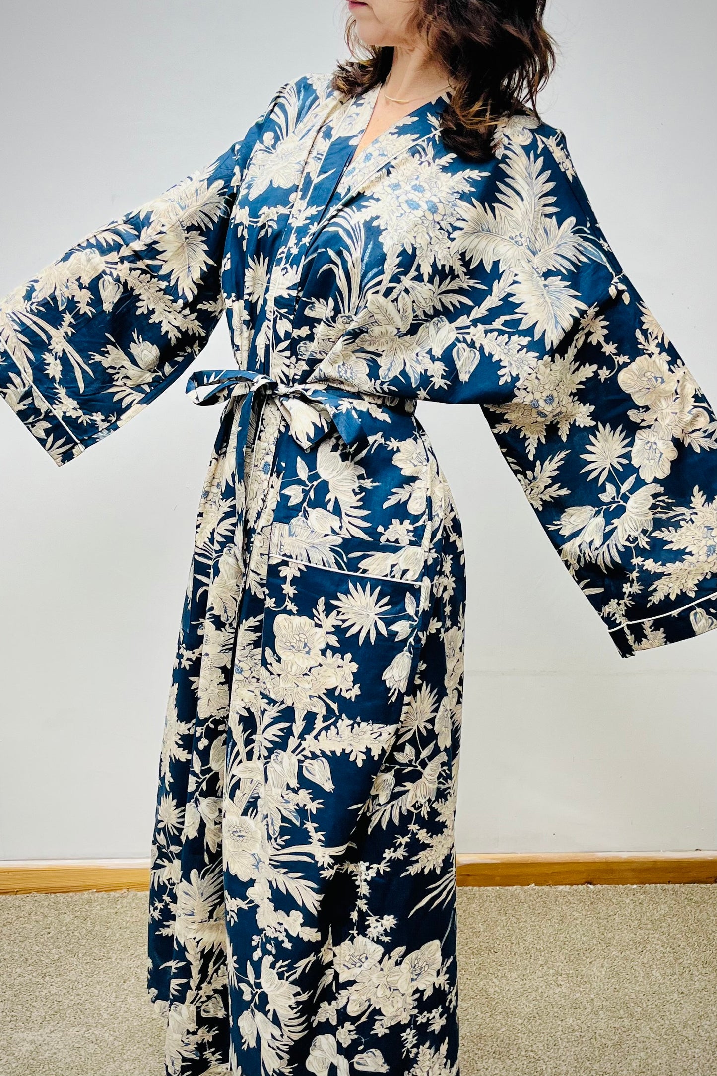 Navy Blue Cotton Robe, Kimono with cream flowers.