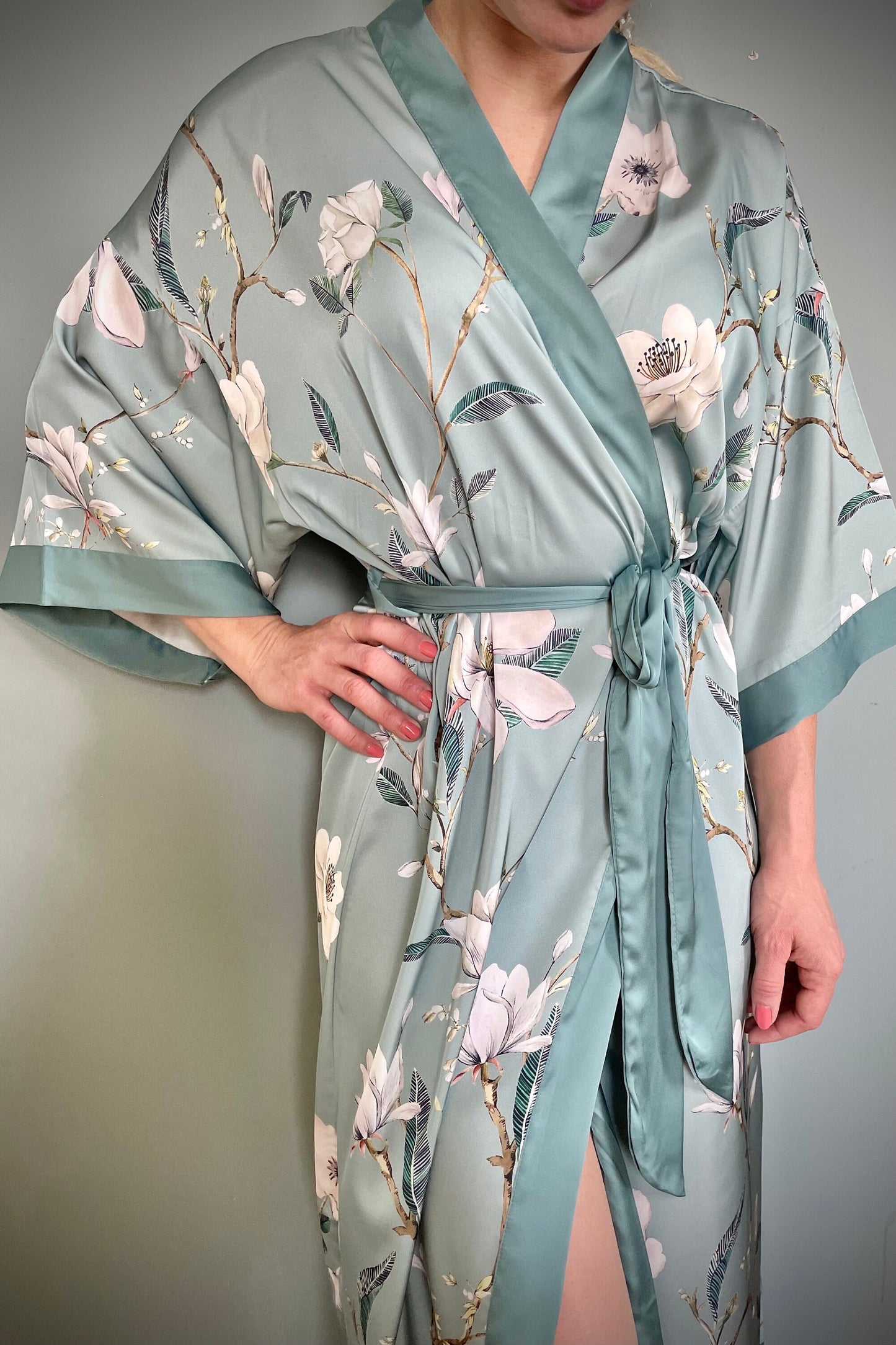 Kimono Robe, Dressing Gown, Luxury Wedding Robe, Bridesmaid Robe, Womens Dressing Gown, Dressing Gown, Summer Robe, Green Magnolias