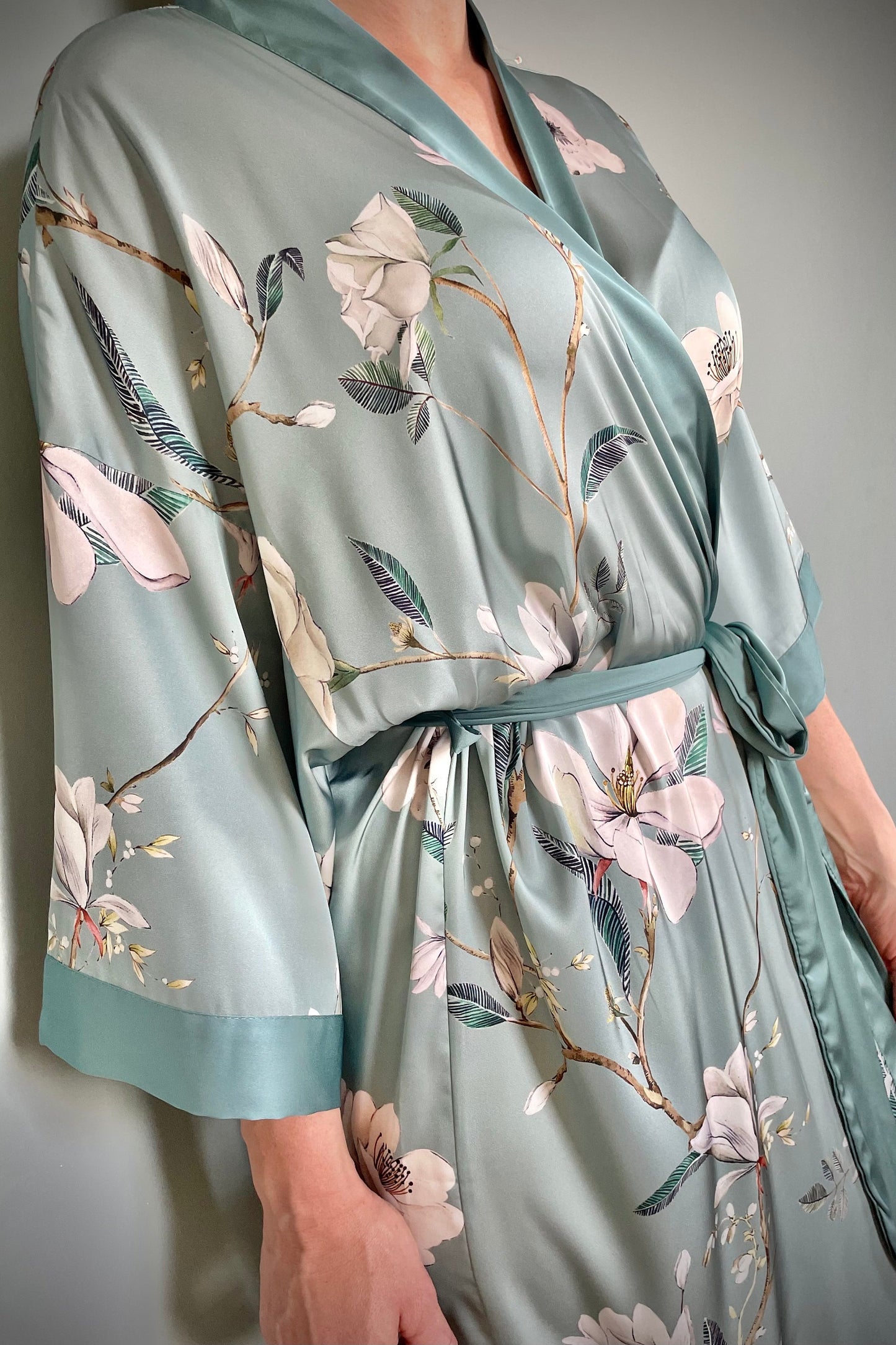 Kimono Robe, Dressing Gown, Luxury Wedding Robe, Bridesmaid Robe, Womens Dressing Gown, Dressing Gown, Summer Robe, Green Magnolias