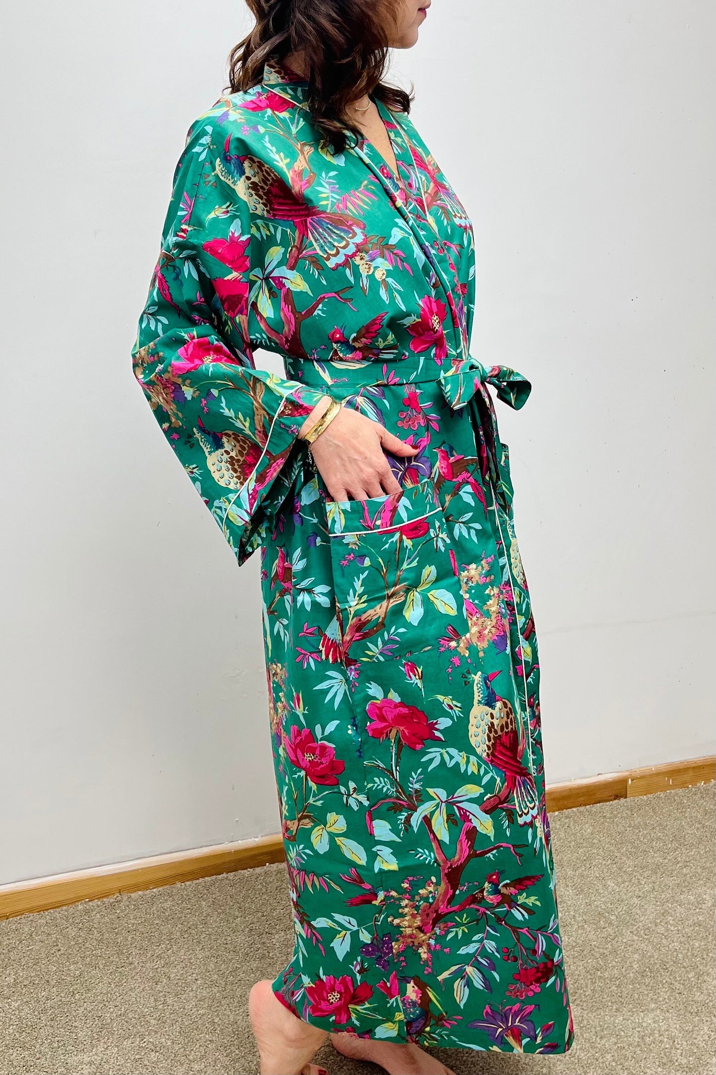 Kimono Robe, Dressing Gown Women, Brides Robe, Womens Dressing Gown, Cotton Dressing Gown, Plus Kimono, Tropical Green Kimono Robe,