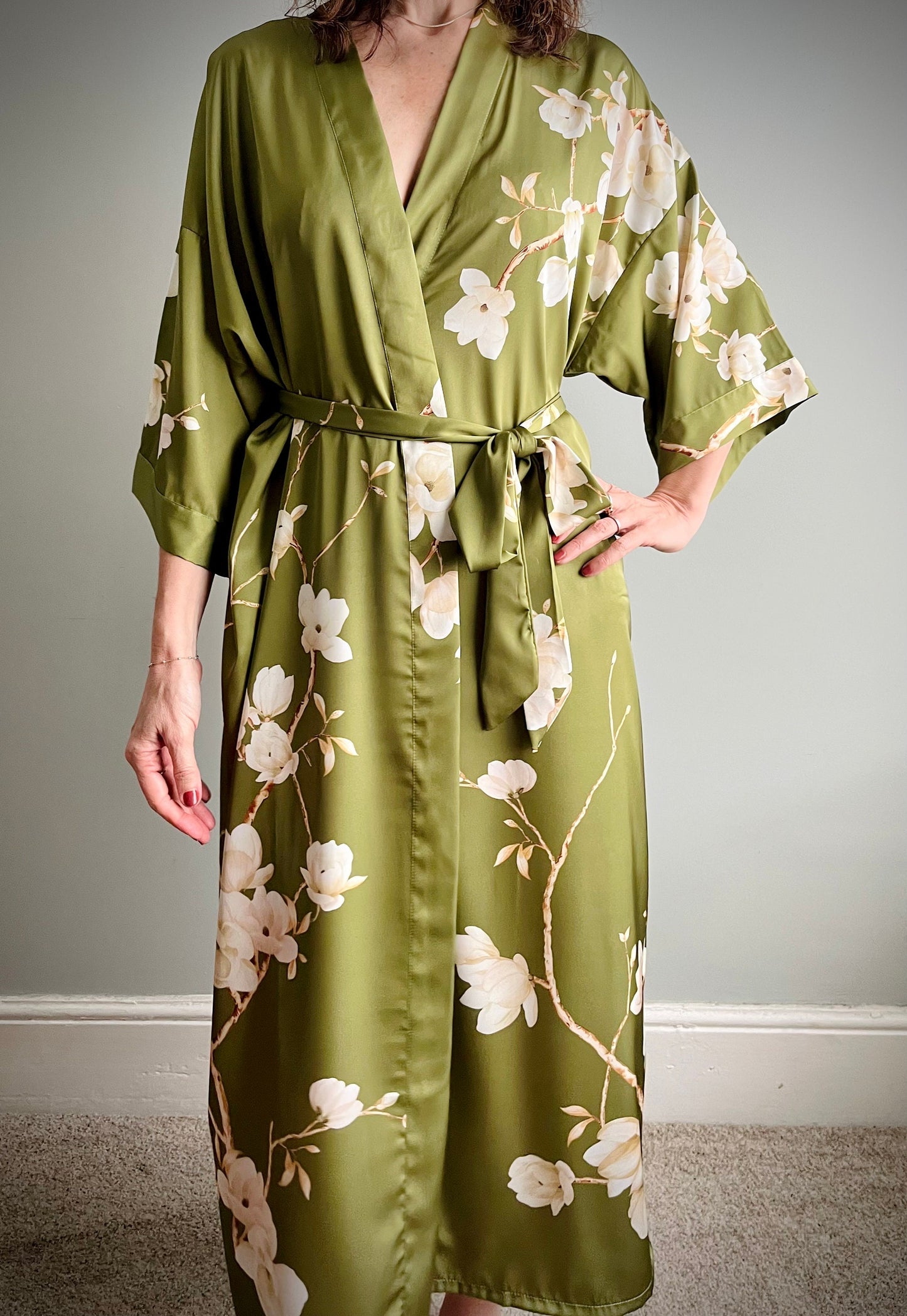 Kimono Robe, Japanese Dressing Gown, Luxury Satin Robe, Bridesmaid Robe, Womens Dressing Gown, Dressing Gown, Summer Robe, Green Magnolias