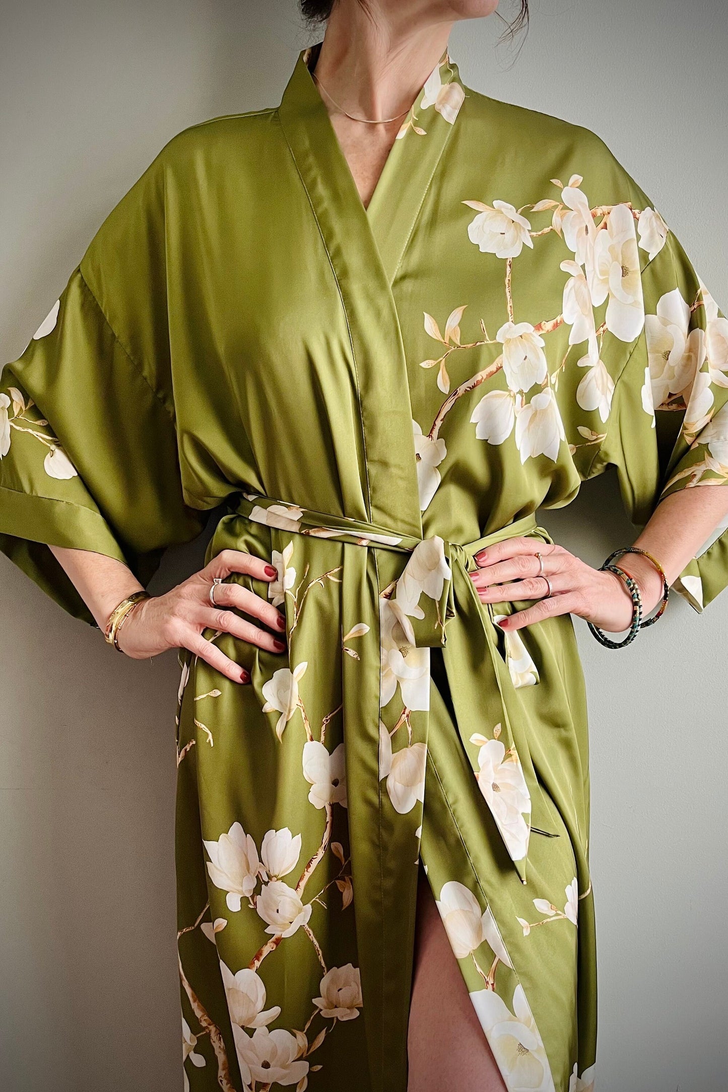 Kimono Robe, Japanese Dressing Gown, Luxury Satin Robe, Bridesmaid Robe, Womens Dressing Gown, Dressing Gown, Summer Robe, Green Magnolias