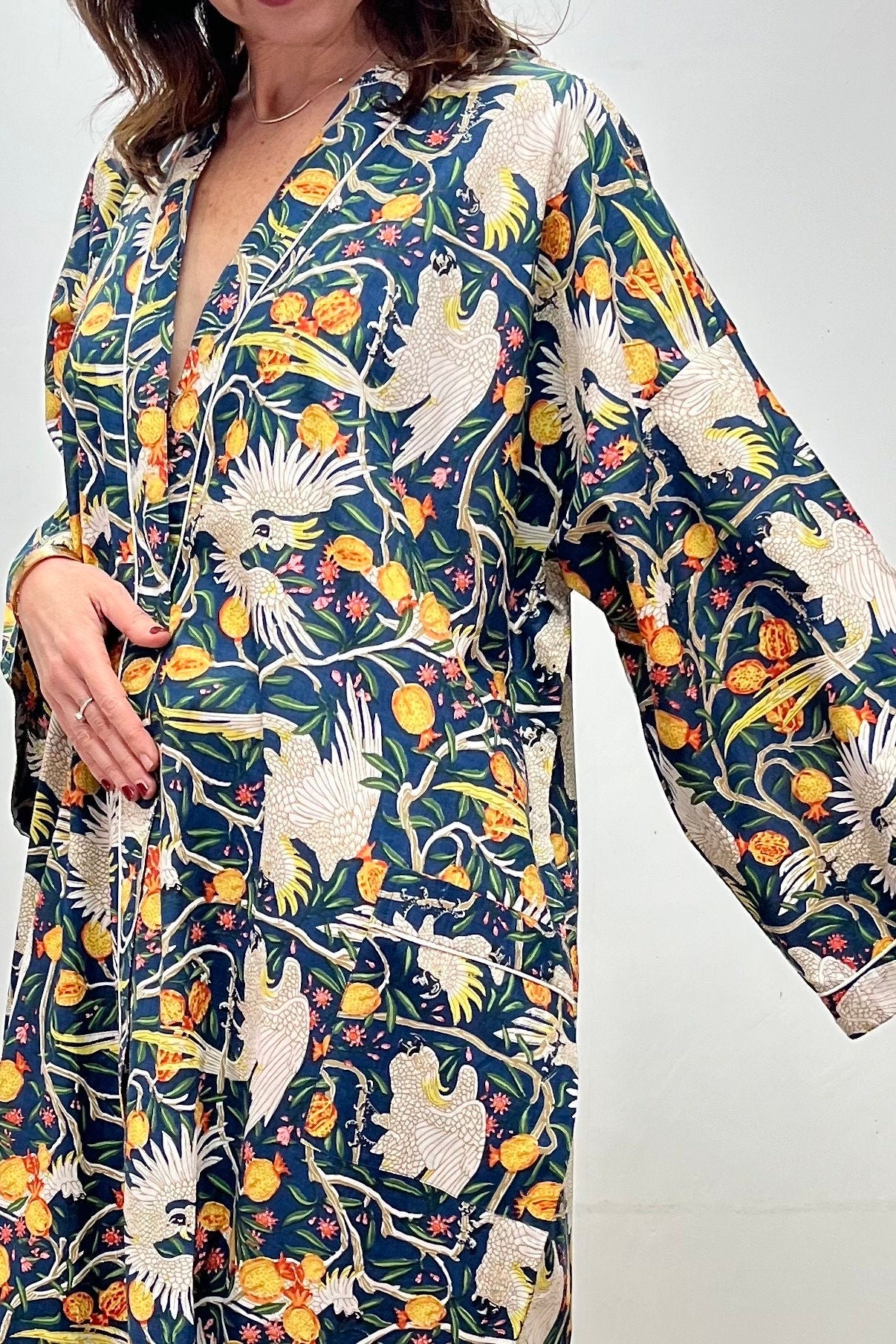 Kimono Robe, Dressing Gown Women, Brides Robe, Womens Dressing Gown, Cotton Dressing Gown, Plus Kimono, Blue Kimono Robe, Blue Cranes