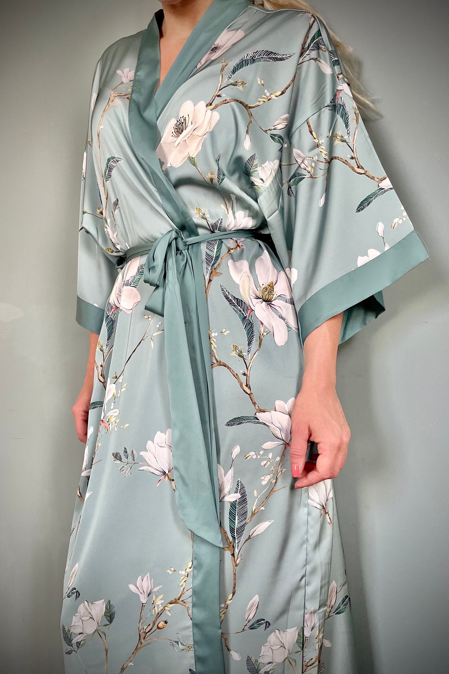 Kimono Robe, Dressing Gown, Luxury Wedding Robe, Bridesmaid Robe, Womens Dressing Gown, Dressing Gown, Summer Robe, Green Magnolias
