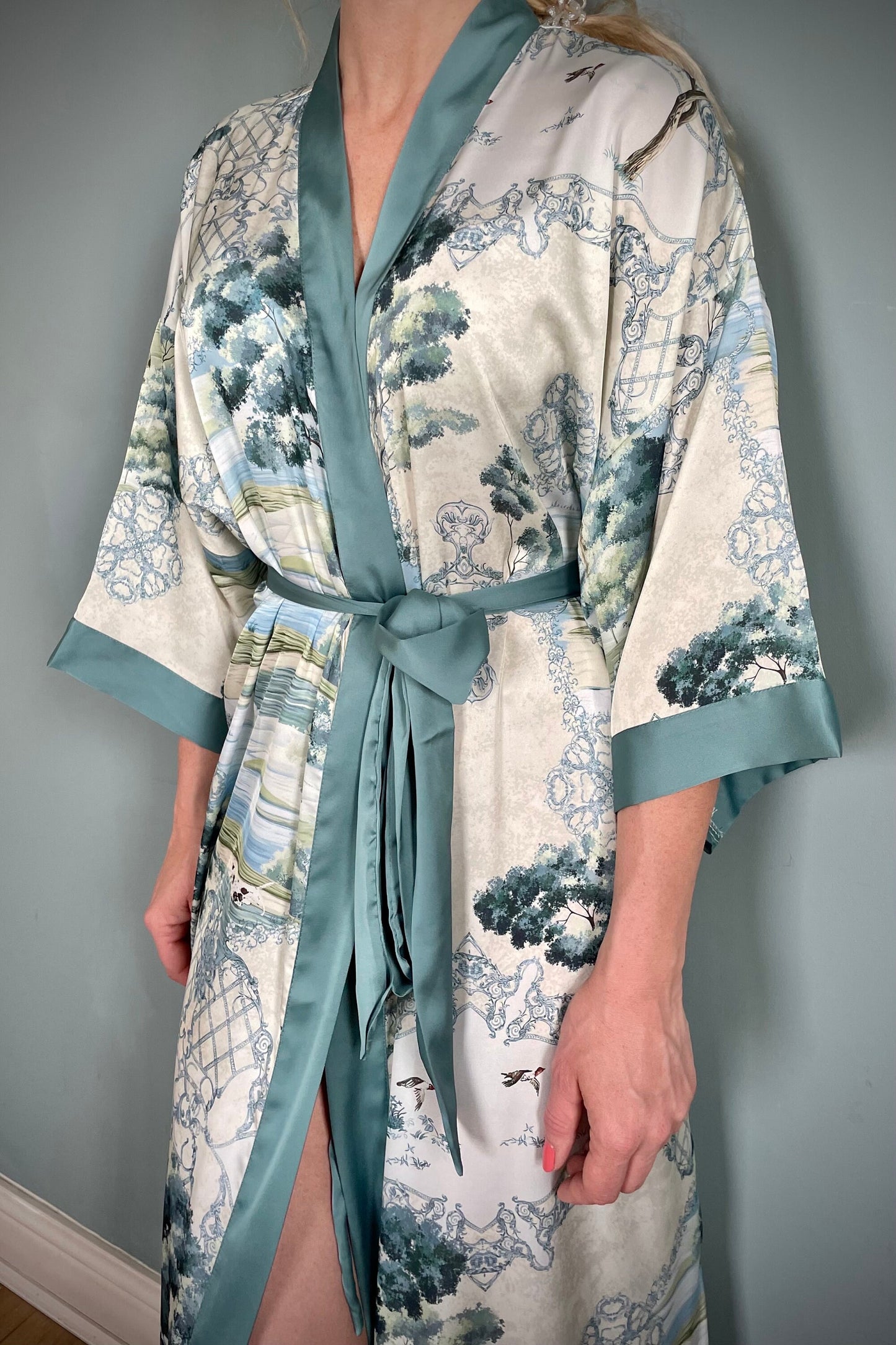 Kimono Robe, Dressing Gown, Luxury Wedding Robe, Bridesmaid Robe, Womens Dressing Gown, Dressing Gown, Summer Robe, Green English Garden