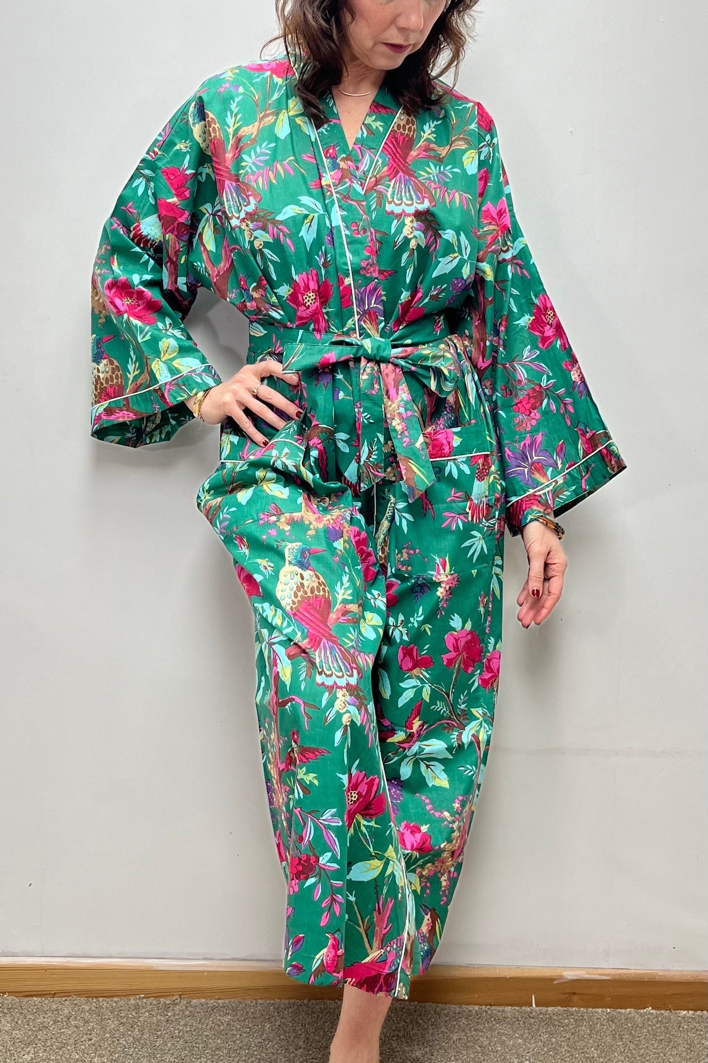 Kimono Robe, Dressing Gown Women, Brides Robe, Womens Dressing Gown, Cotton Dressing Gown, Plus Kimono, Tropical Green Kimono Robe,