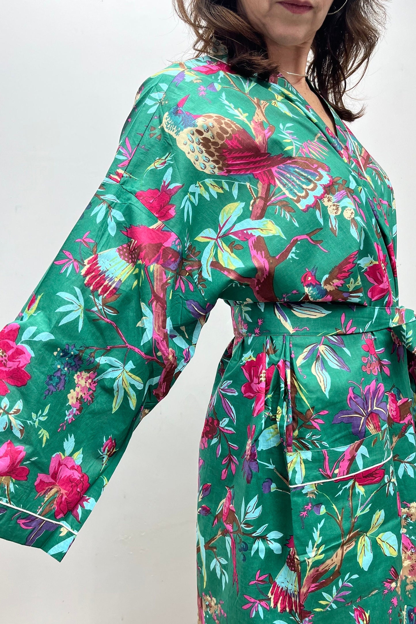Kimono Robe, Dressing Gown Women, Brides Robe, Womens Dressing Gown, Cotton Dressing Gown, Plus Kimono, Tropical Green Kimono Robe,
