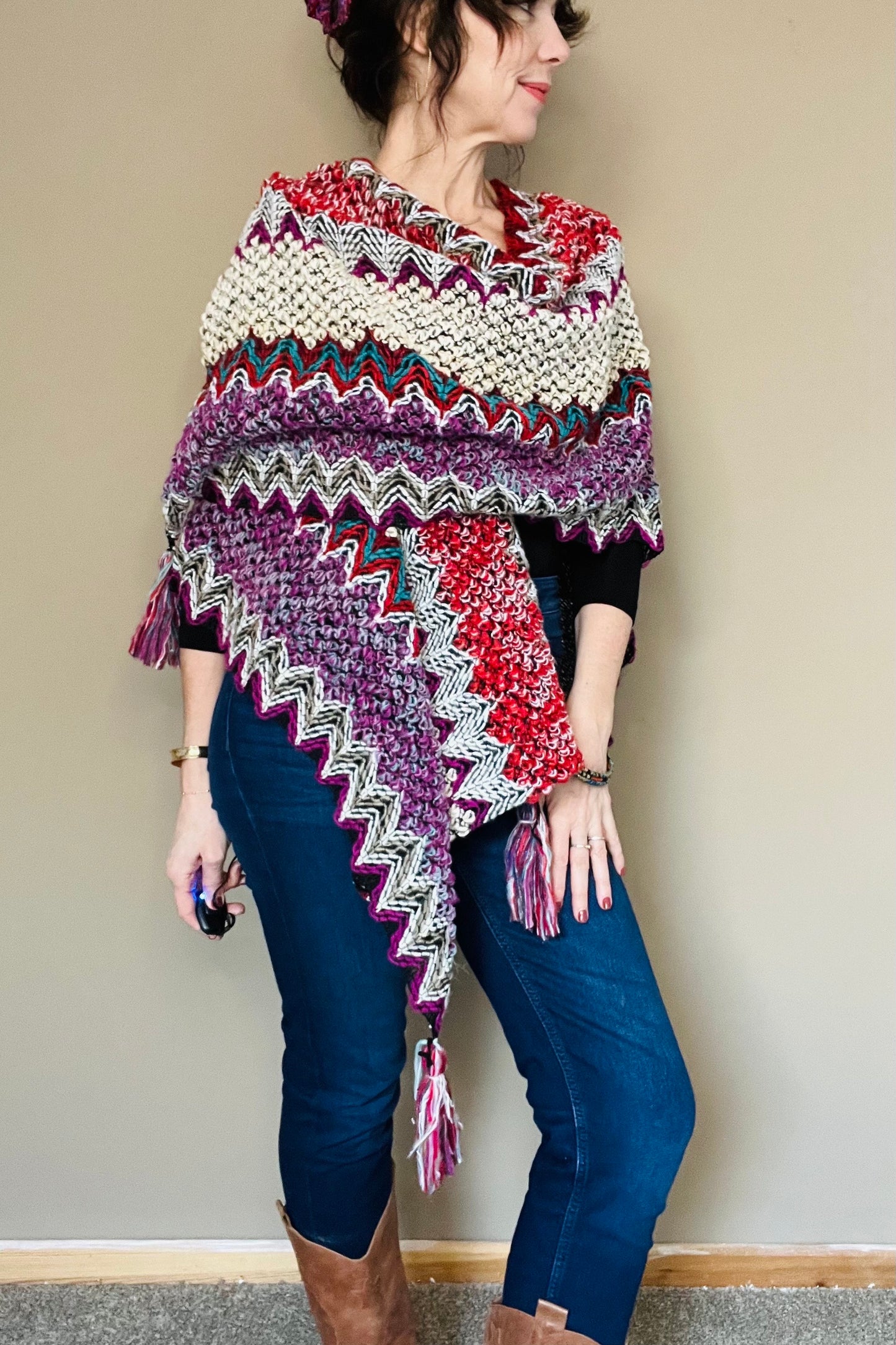 Aztec Boho Poncho, Womens Warm Wrap, Fleece Throw, Mexican Knitted Throw, Warm Wraparound, Ladies Kimono Top, Red Knit Throw