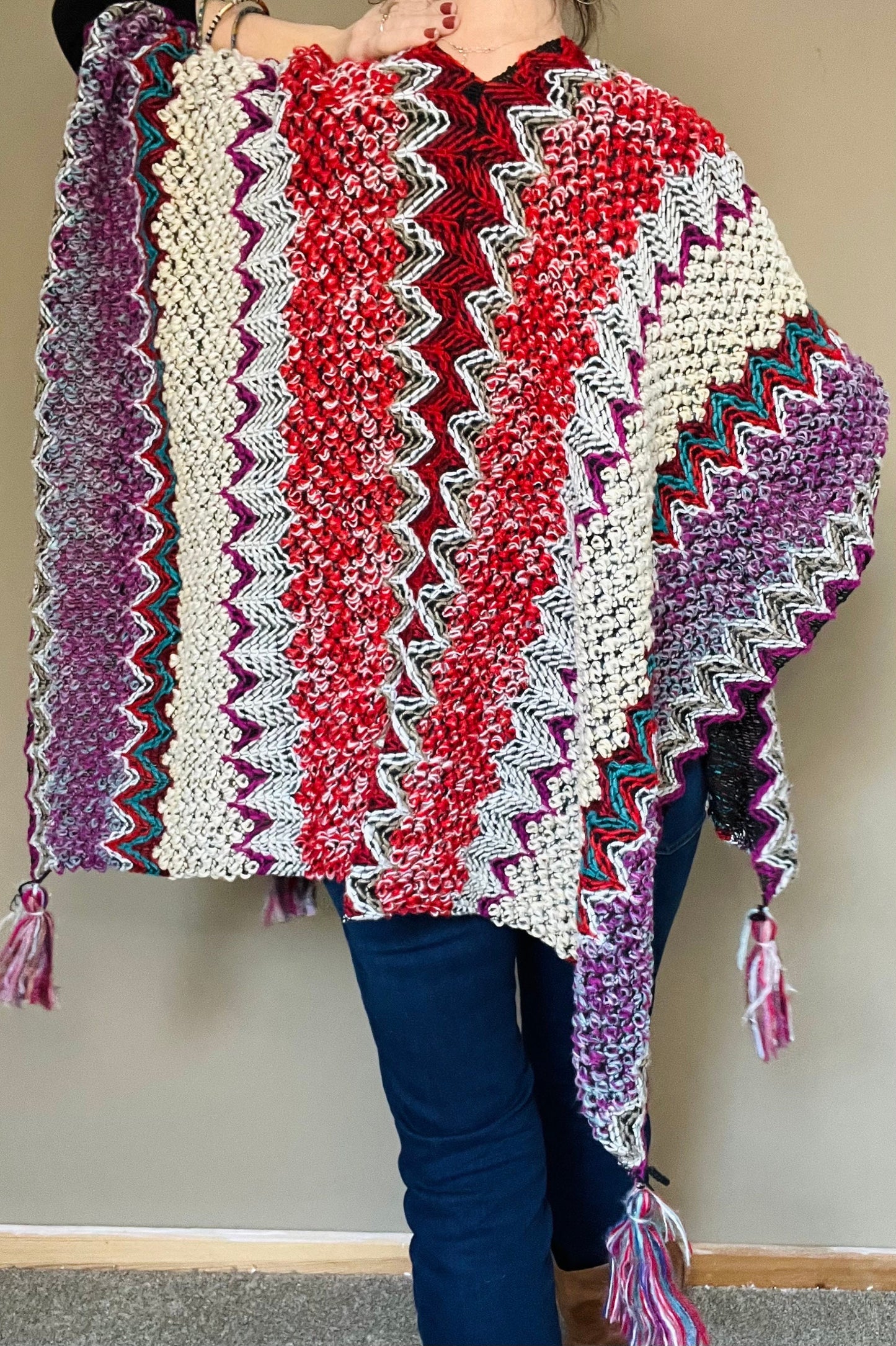 Aztec Boho Poncho, Womens Warm Wrap, Fleece Throw, Mexican Knitted Throw, Warm Wraparound, Ladies Kimono Top, Red Knit Throw