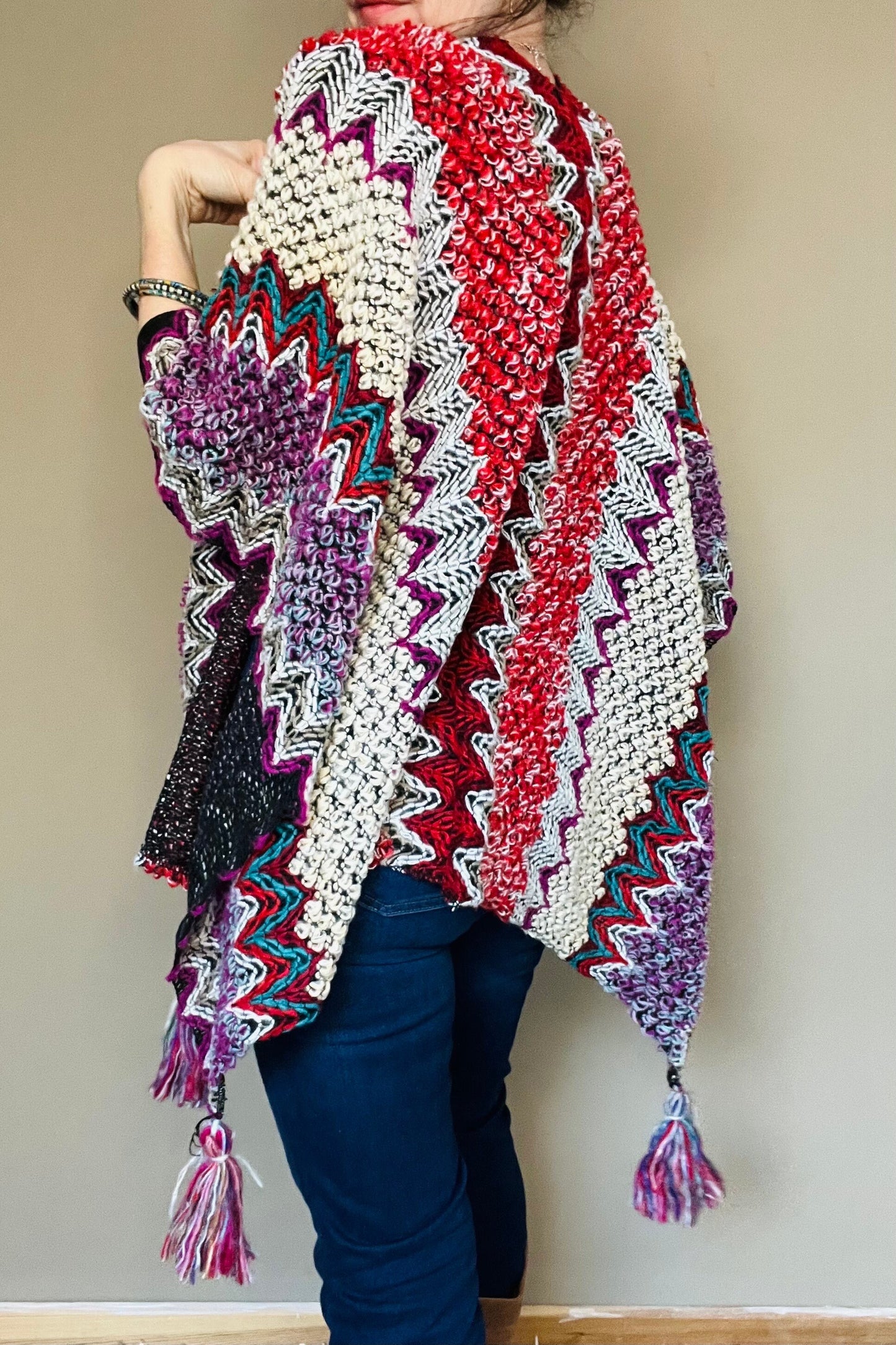 Aztec Boho Poncho, Womens Warm Wrap, Fleece Throw, Mexican Knitted Throw, Warm Wraparound, Ladies Kimono Top, Red Knit Throw