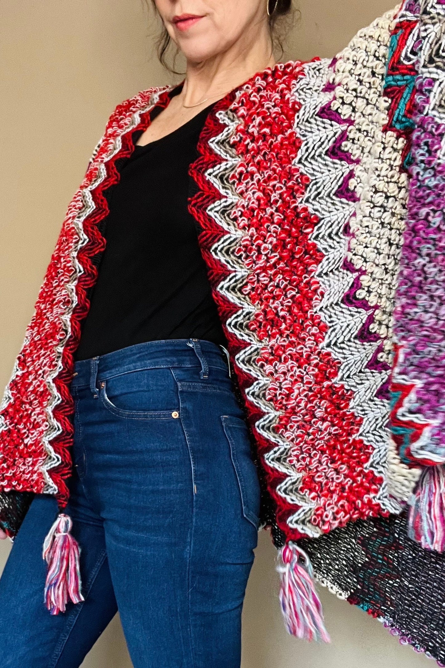 Aztec Boho Poncho, Womens Warm Wrap, Fleece Throw, Mexican Knitted Throw, Warm Wraparound, Ladies Kimono Top, Red Knit Throw