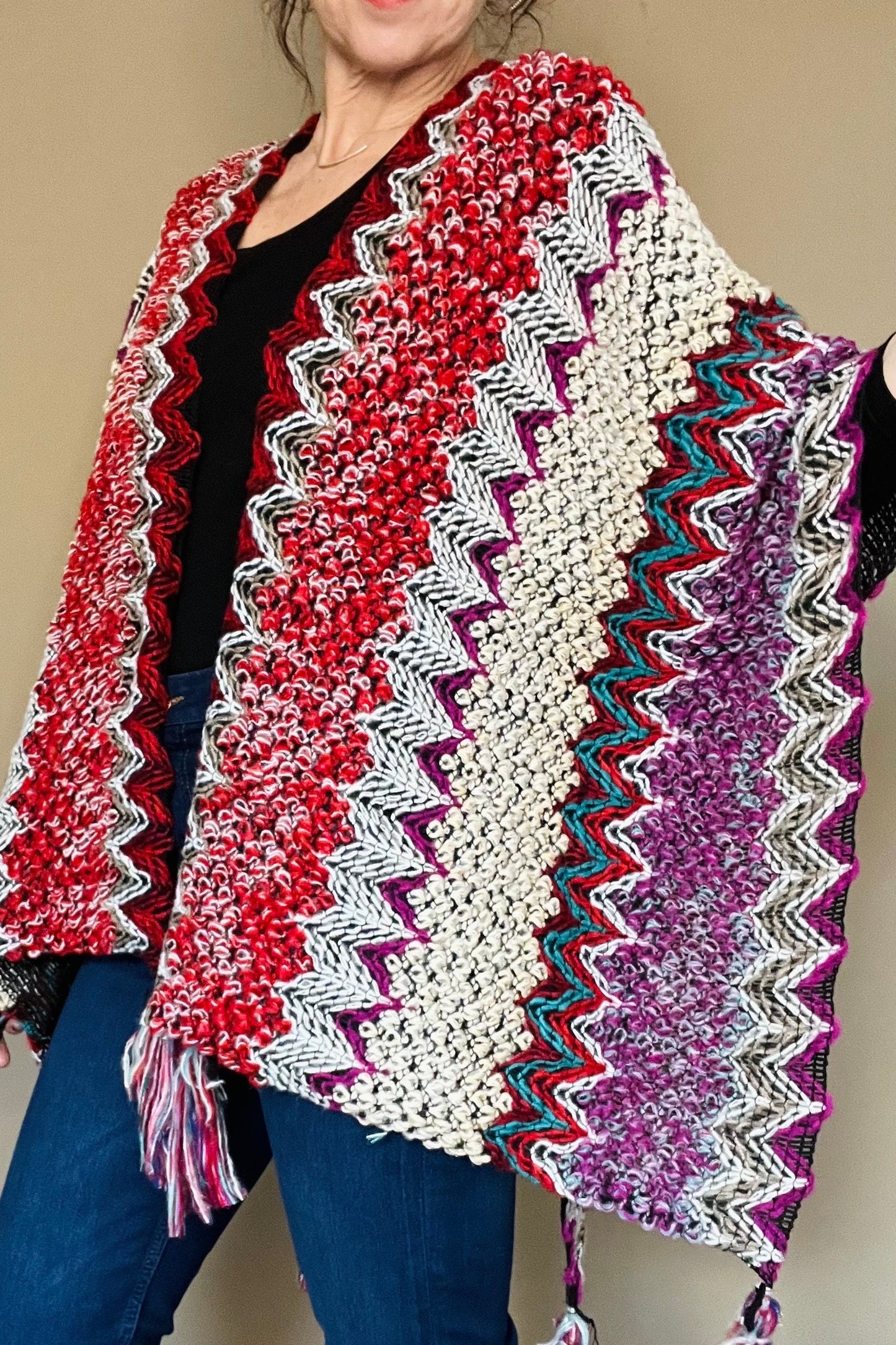 Aztec Boho Poncho, Womens Warm Wrap, Fleece Throw, Mexican Knitted Throw, Warm Wraparound, Ladies Kimono Top, Red Knit Throw