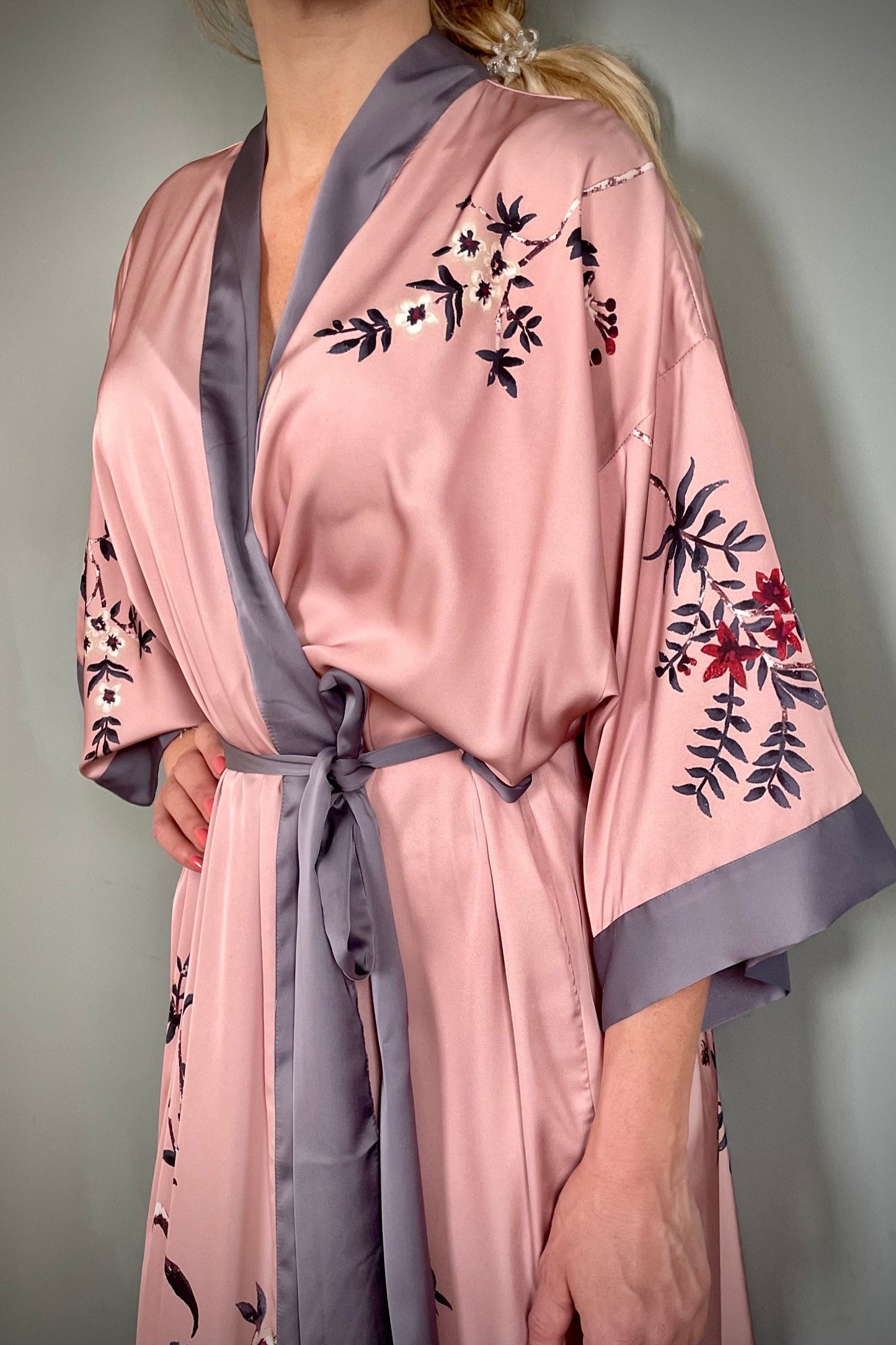 Kimono Robe, Dressing Gown, Luxury Wedding Robe, Bridesmaid Robe, Womens Dressing Gown, Dressing Gown, Summer Robe, Pink Floral Satin