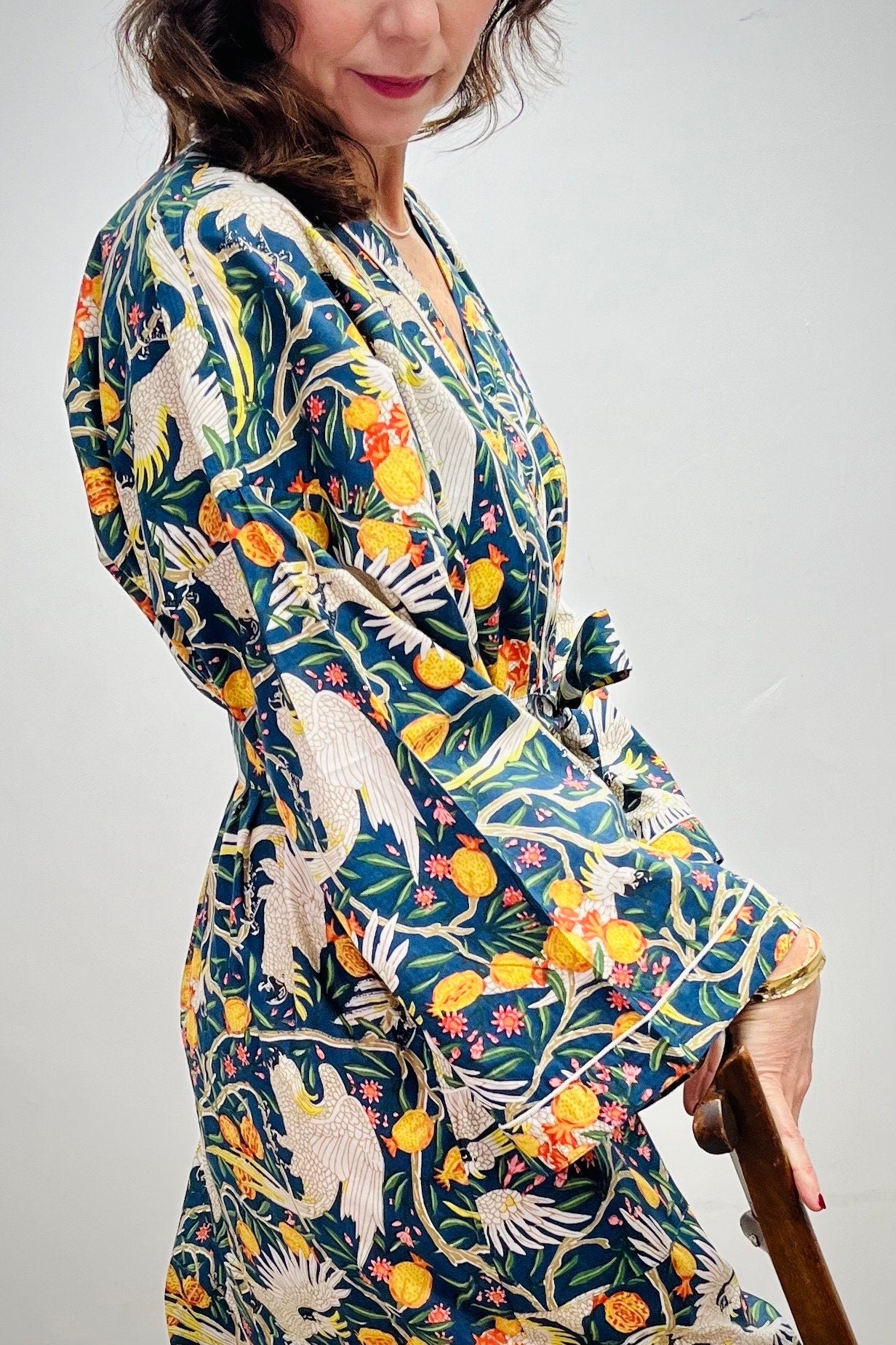 Kimono Robe, Dressing Gown Women, Brides Robe, Womens Dressing Gown, Cotton Dressing Gown, Plus Kimono, Blue Kimono Robe, Blue Cranes
