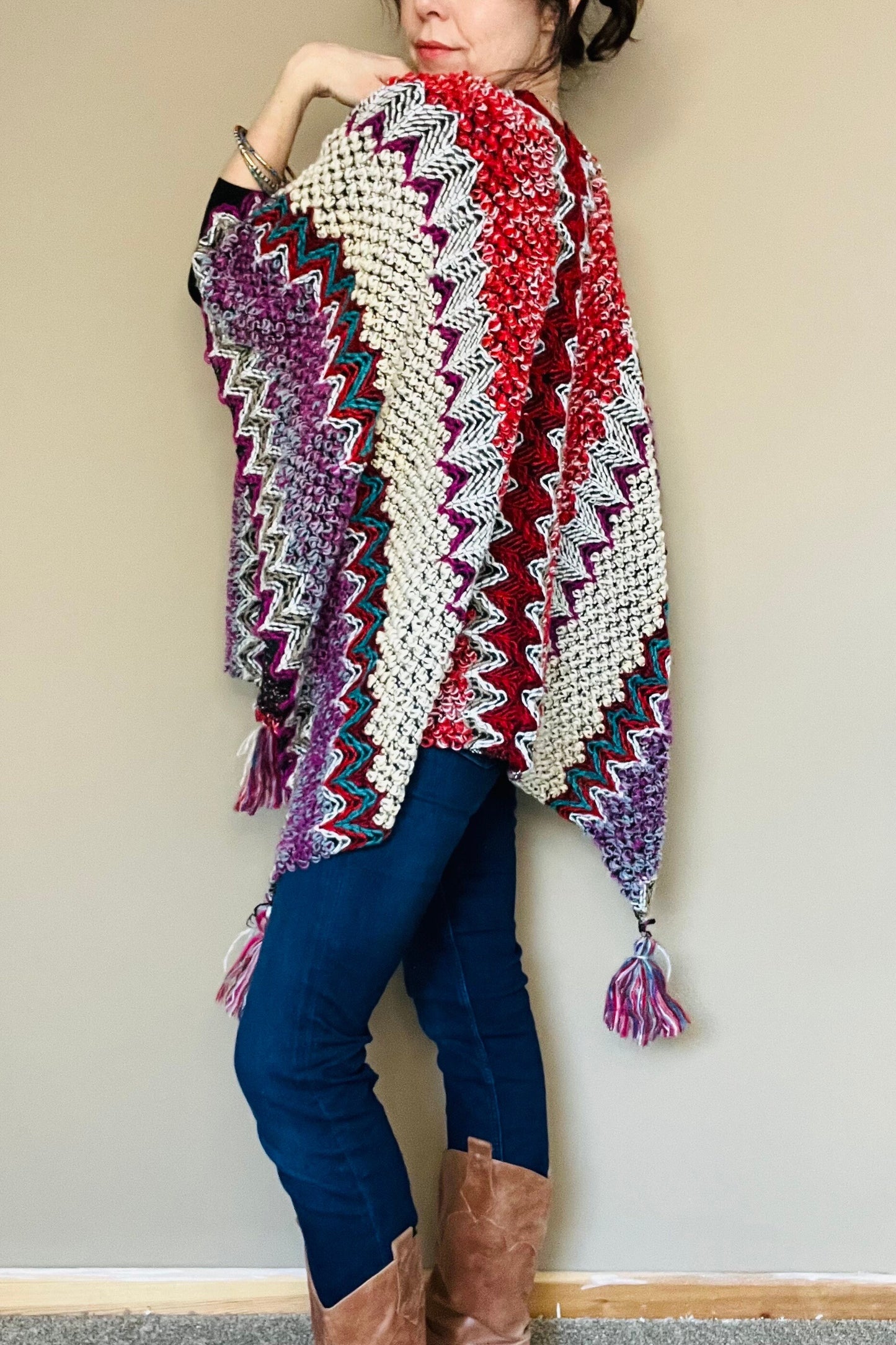 Aztec Boho Poncho, Womens Warm Wrap, Fleece Throw, Mexican Knitted Throw, Warm Wraparound, Ladies Kimono Top, Red Knit Throw