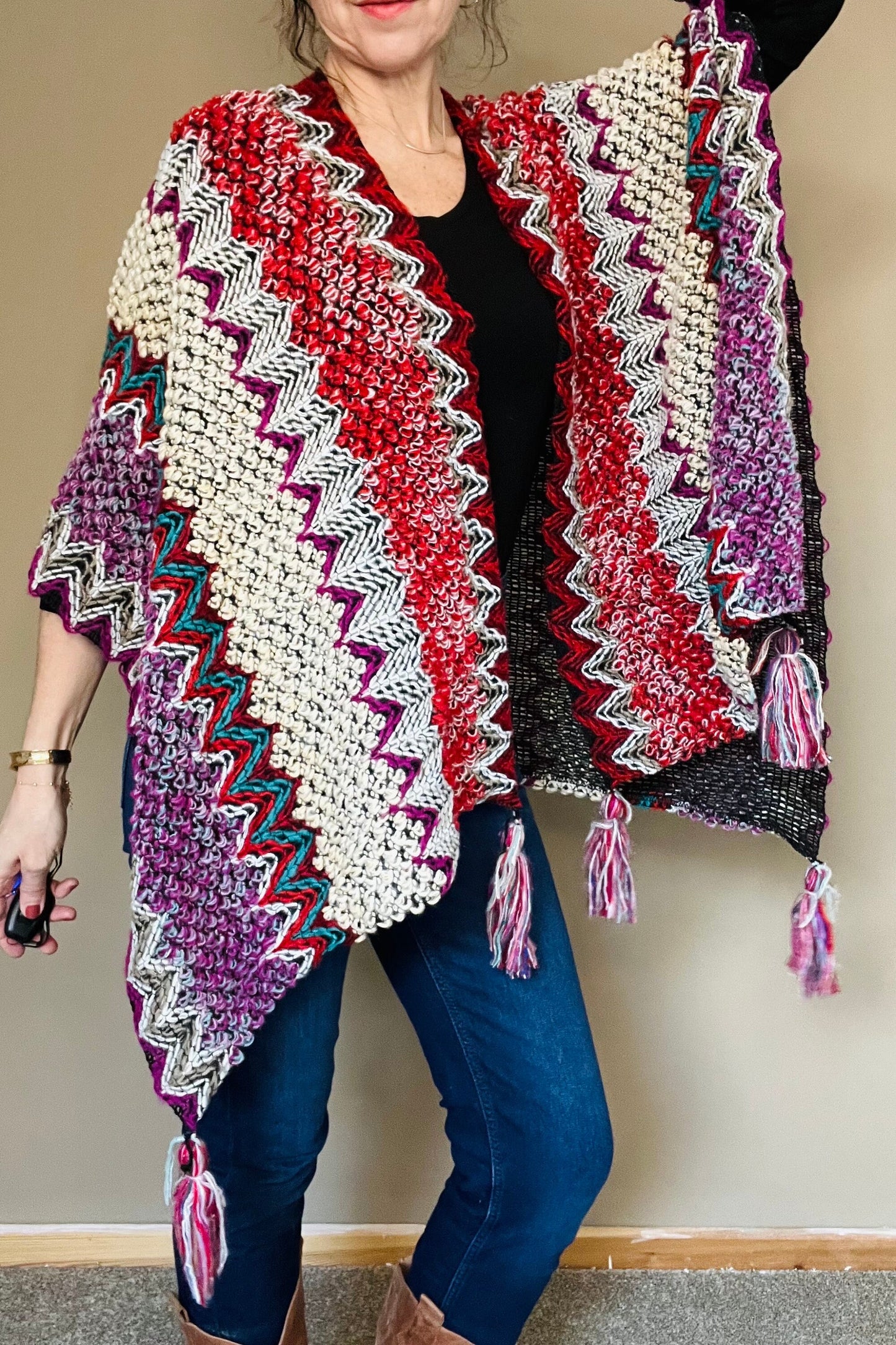Aztec Boho Poncho, Womens Warm Wrap, Fleece Throw, Mexican Knitted Throw, Warm Wraparound, Ladies Kimono Top, Red Knit Throw