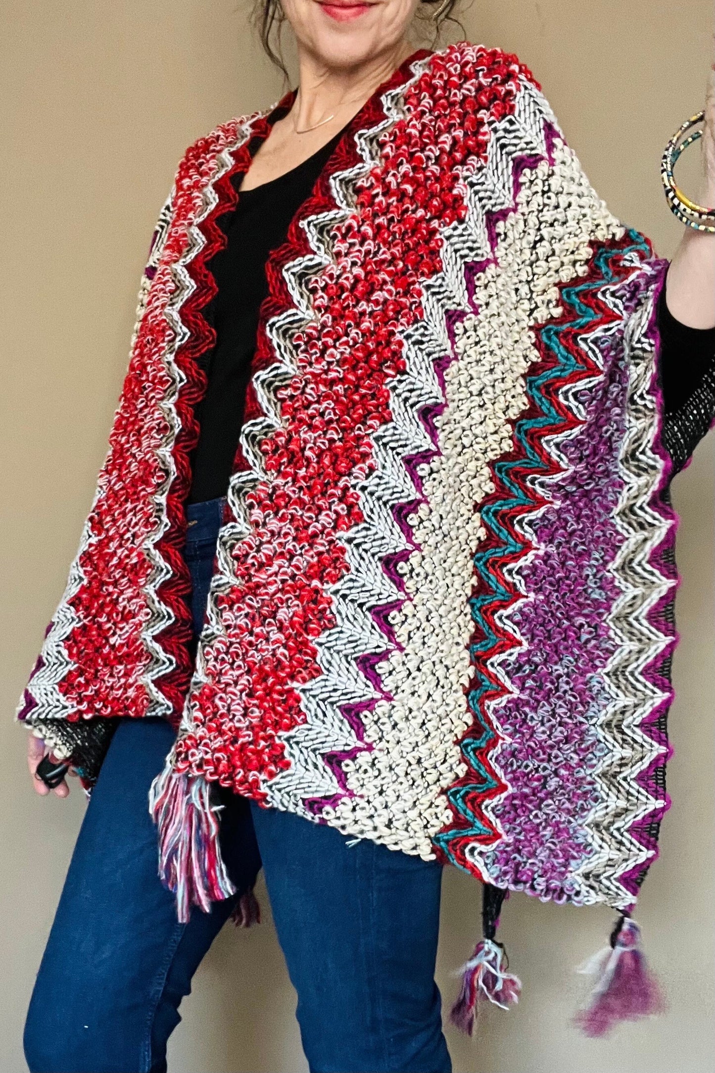 Aztec Boho Poncho, Womens Warm Wrap, Fleece Throw, Mexican Knitted Throw, Warm Wraparound, Ladies Kimono Top, Red Knit Throw