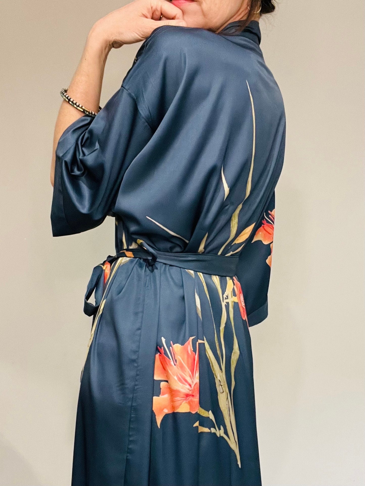 Kimono Robe, Japanese Dressing Gown, Luxury Satin Robe, Bridesmaid Robe, Womens Dressing Gown, Dressing Gown, Summer Robe, Teal Blue