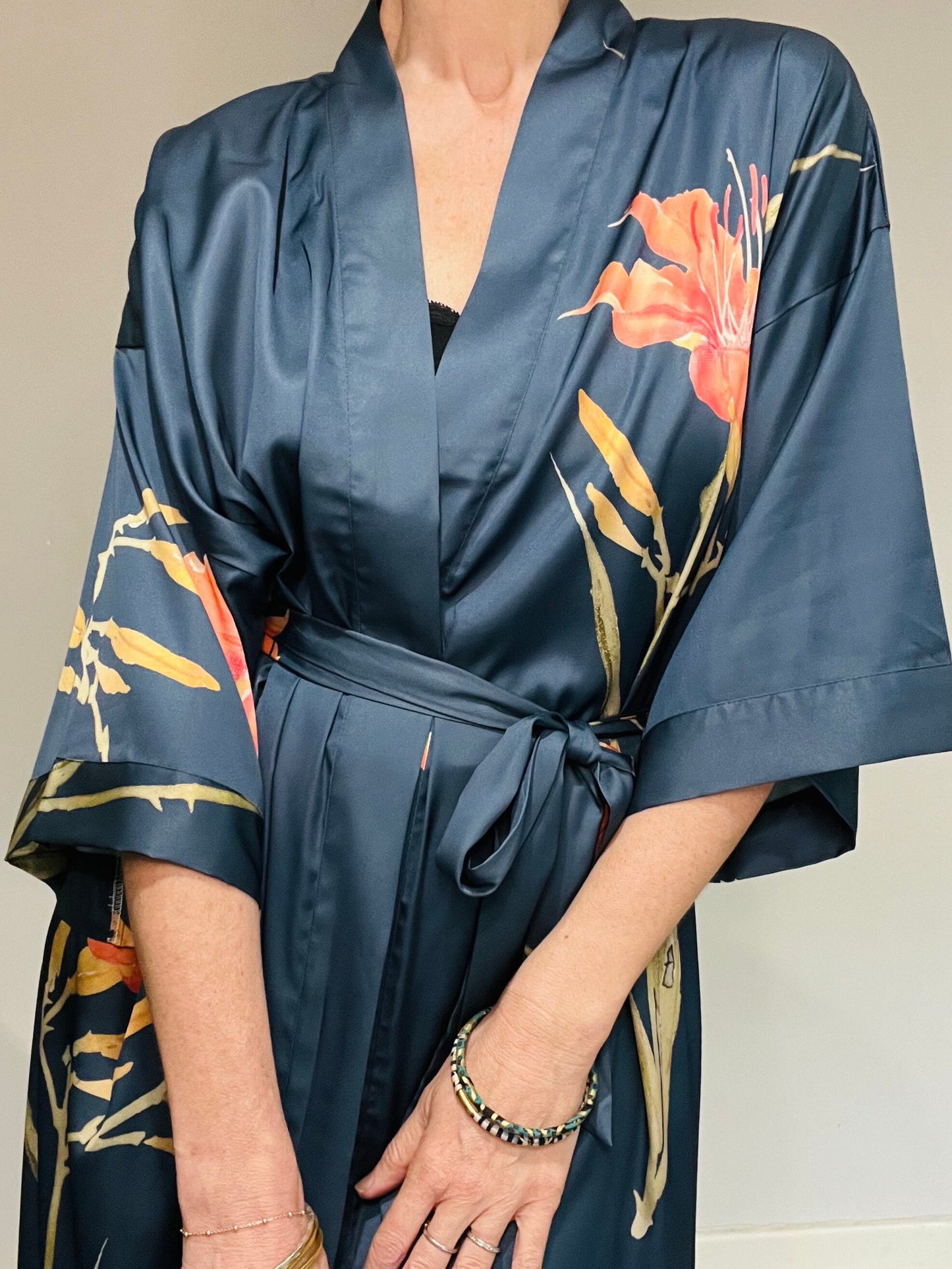 Kimono Robe, Japanese Dressing Gown, Luxury Satin Robe, Bridesmaid Robe, Womens Dressing Gown, Dressing Gown, Summer Robe, Teal Blue