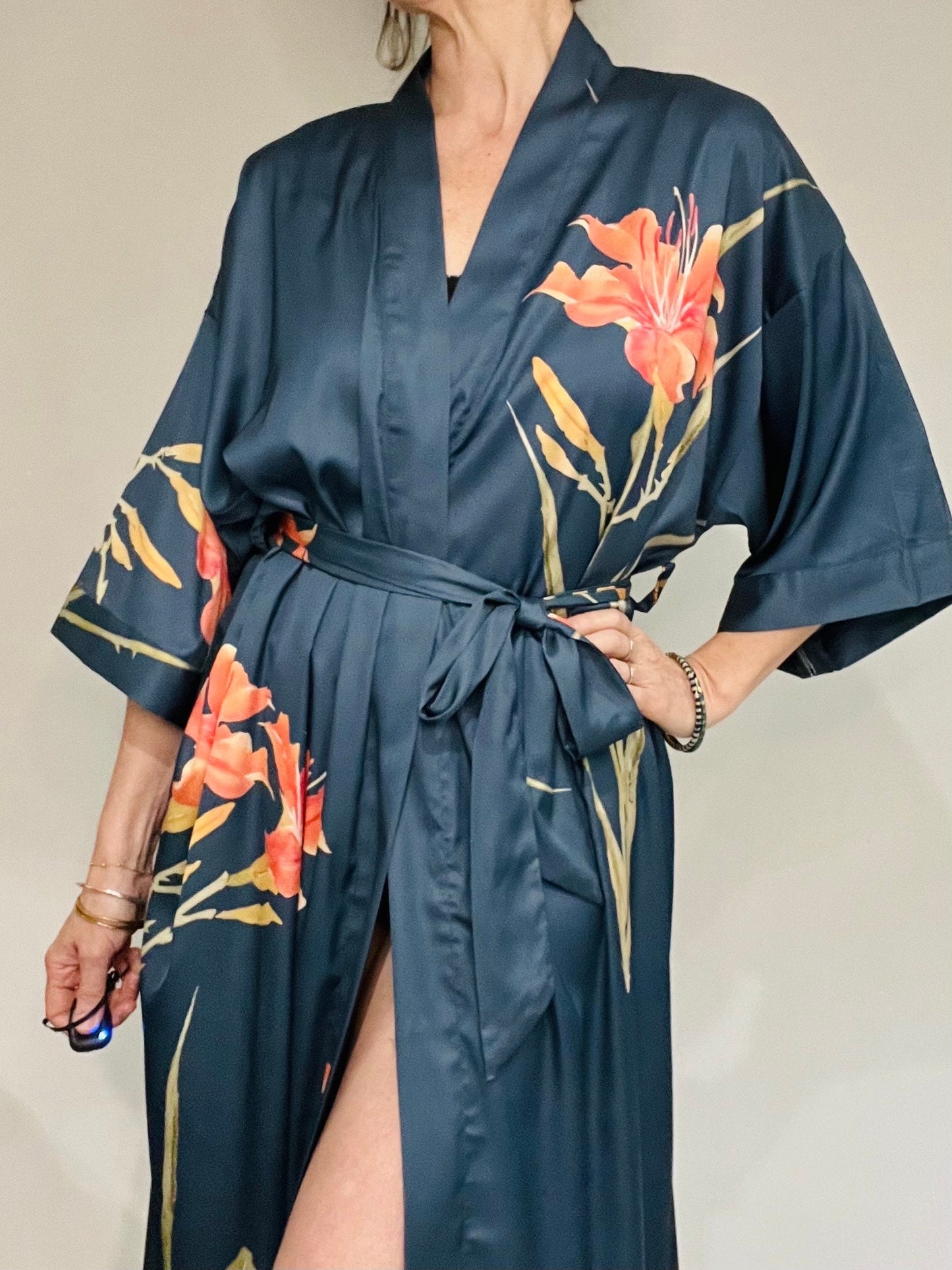 Kimono Robe, Japanese Dressing Gown, Luxury Satin Robe, Bridesmaid Robe, Womens Dressing Gown, Dressing Gown, Summer Robe, Teal Blue