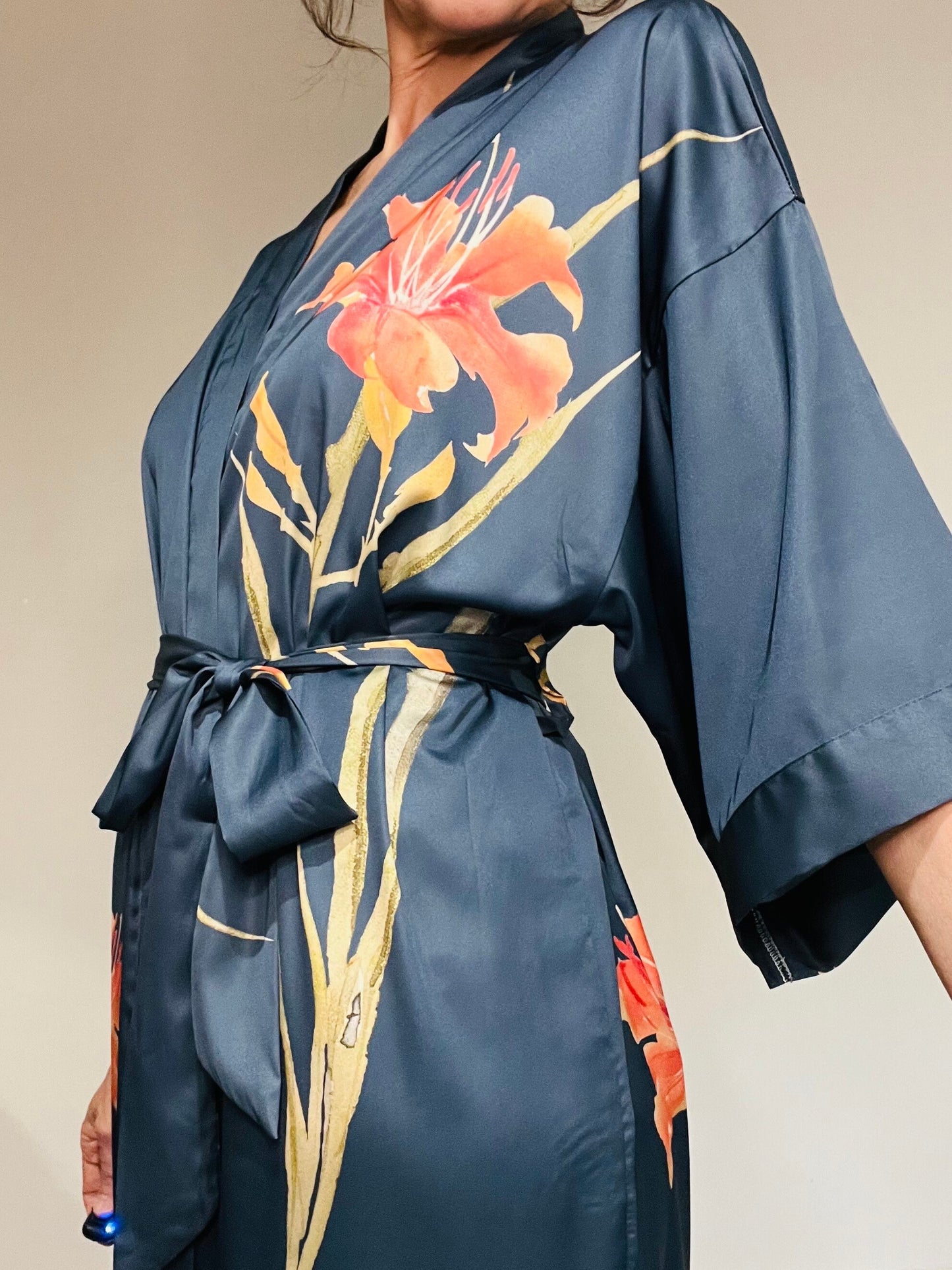 Kimono Robe, Japanese Dressing Gown, Luxury Satin Robe, Bridesmaid Robe, Womens Dressing Gown, Dressing Gown, Summer Robe, Teal Blue