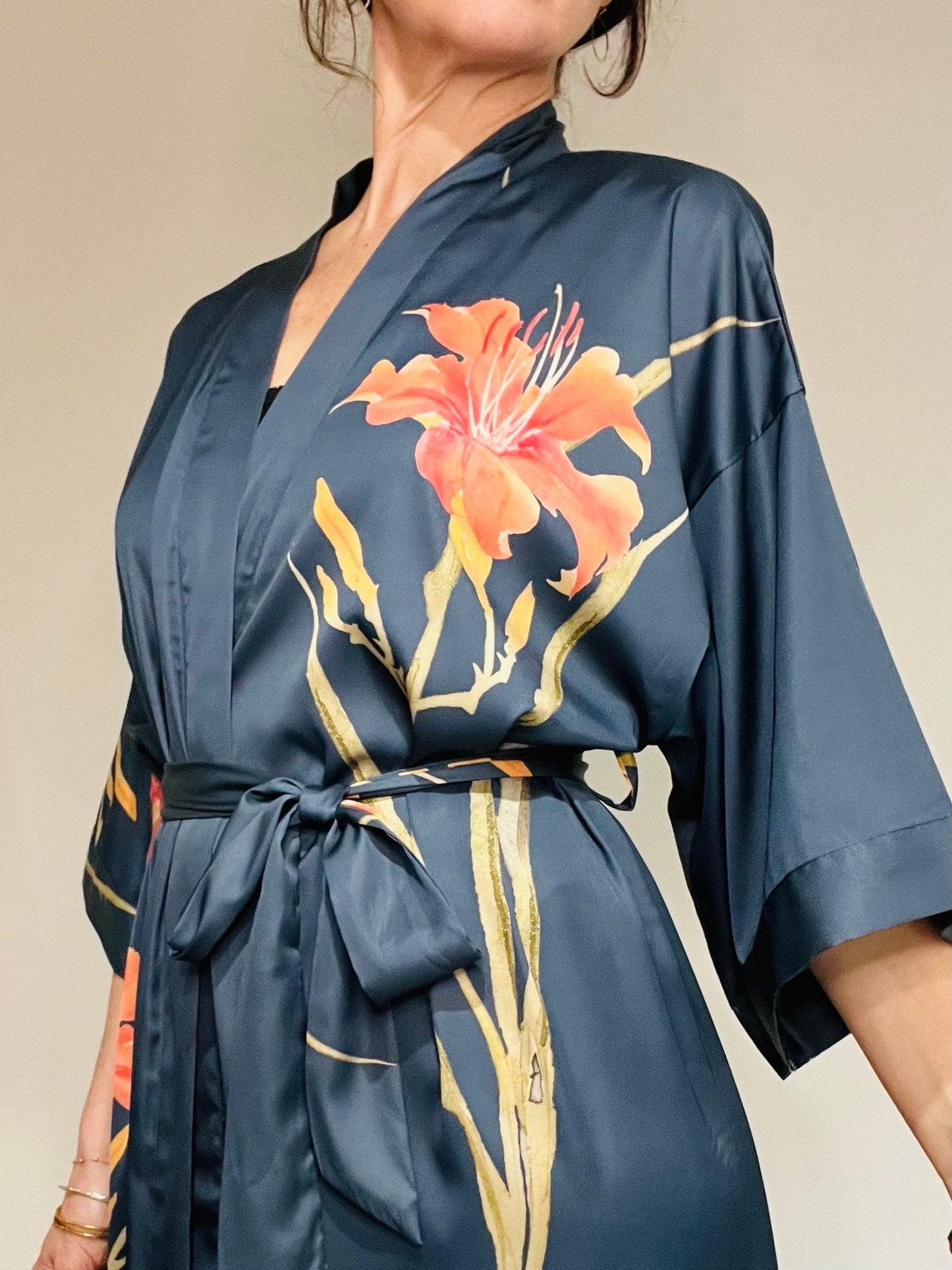 Kimono Robe, Japanese Dressing Gown, Luxury Satin Robe, Bridesmaid Robe, Womens Dressing Gown, Dressing Gown, Summer Robe, Teal Blue