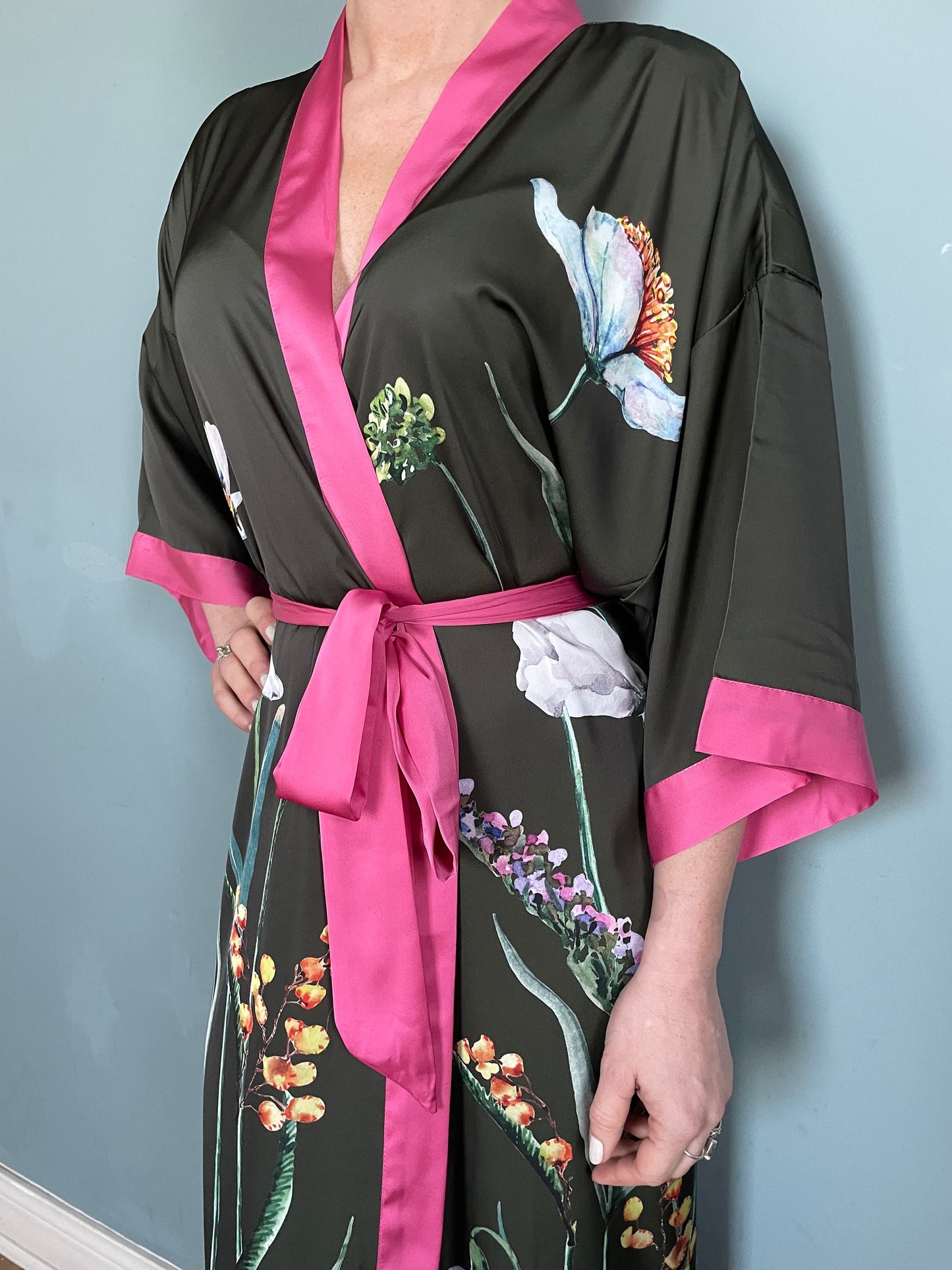 Kimono Robe, Japanese Dressing Gown, Luxury Satin Robe, Bridesmaid Robe, Womens Dressing Gown, Dressing Gown, Summer Robe, Olive Green