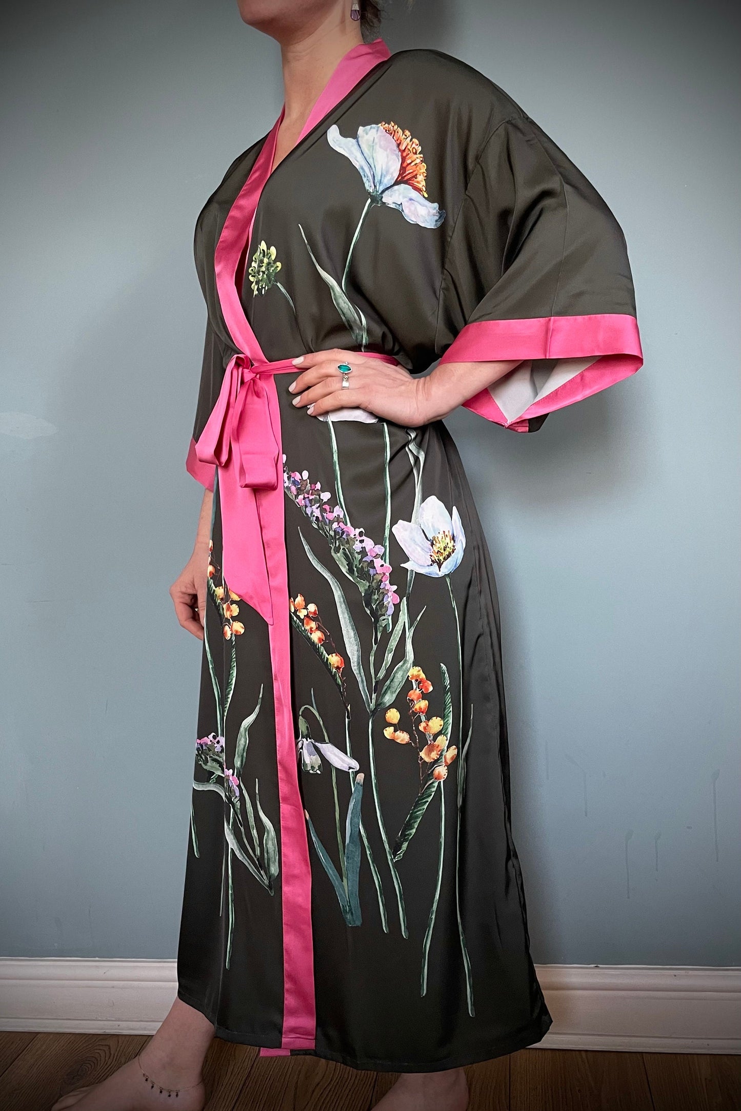 Kimono Robe, Japanese Dressing Gown, Luxury Satin Robe, Bridesmaid Robe, Womens Dressing Gown, Dressing Gown, Summer Robe, Olive Green