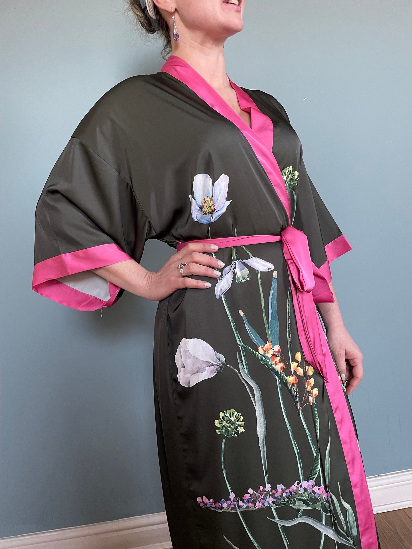 Kimono Robe, Japanese Dressing Gown, Luxury Satin Robe, Bridesmaid Robe, Womens Dressing Gown, Dressing Gown, Summer Robe, Olive Green
