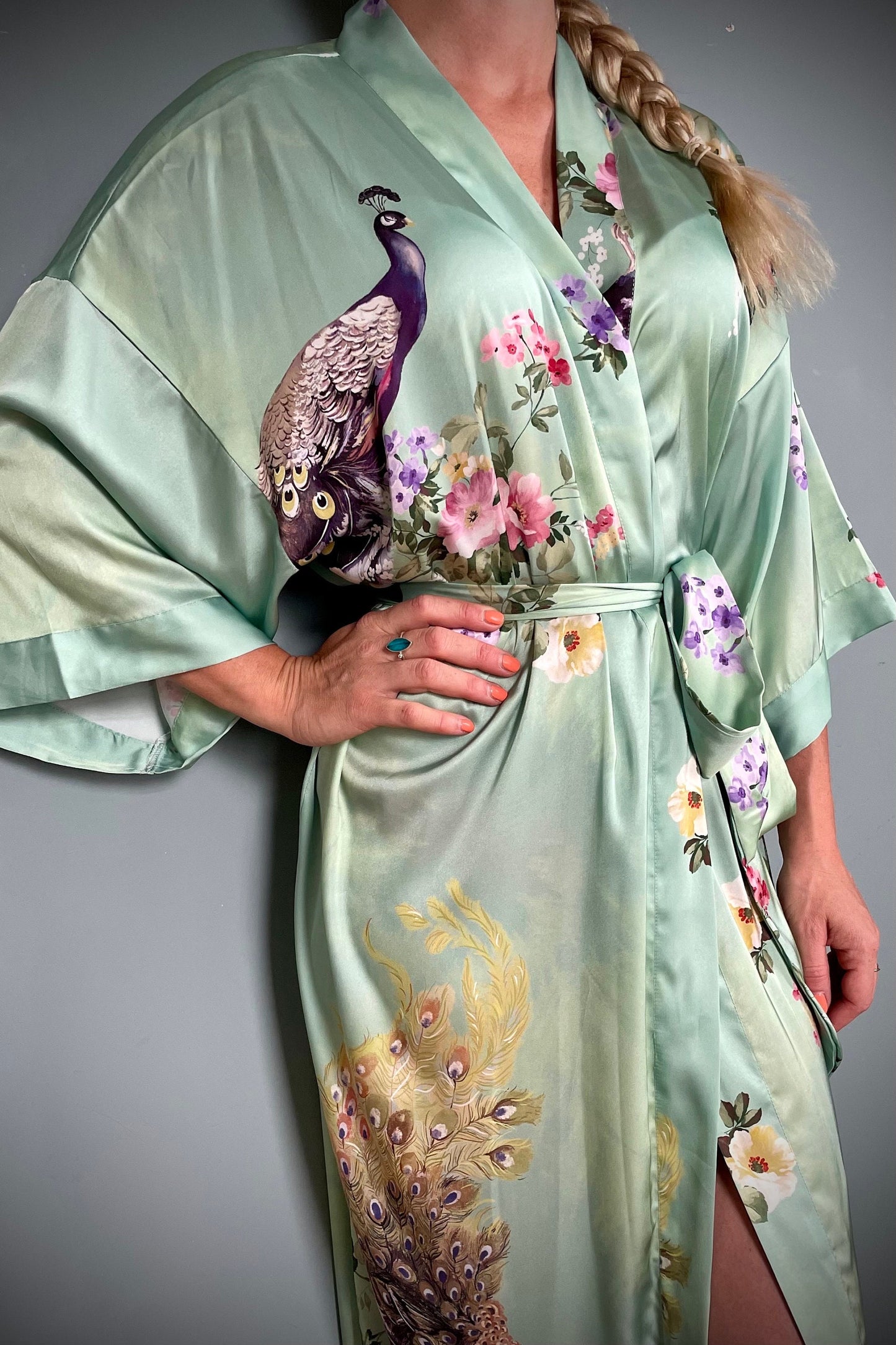 Kimono Robe, Japanese Dressing Gown, Luxury Satin Robe, Bridesmaid Robe, Womens Dressing Gown, Dressing Gown, Peacock Robe, Light Green