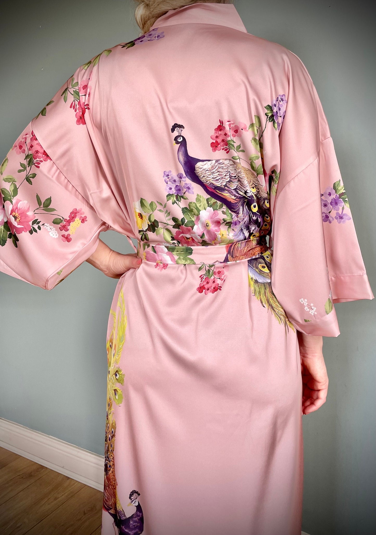 Kimono Robe, Womens Dressing Gown, Luxury Satin Robe, Bridesmaid Robe, Womens Dressing Gown, Dressing Gown, Peacock Robe, Pink Kimono Robe