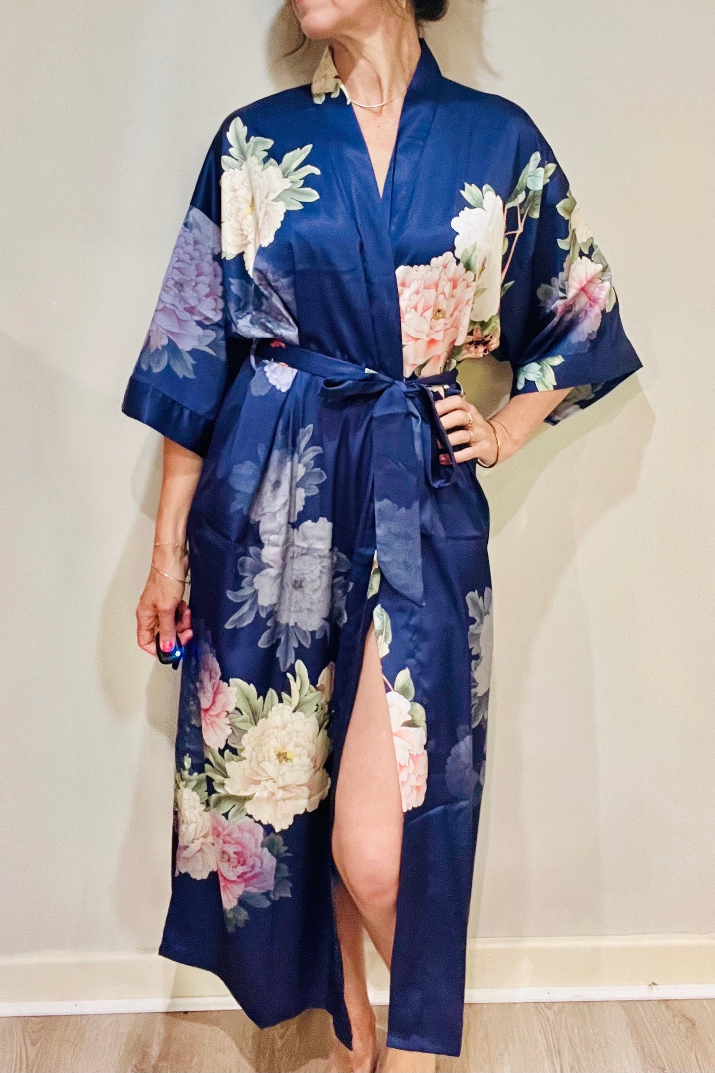 Kimono Robe, Japanese Dressing Gown, Luxury Satin Robe, Bridesmaid Robe, Womens Dressing Gown, Dressing Gown, Summer Robe, Plus Kimono, Blue