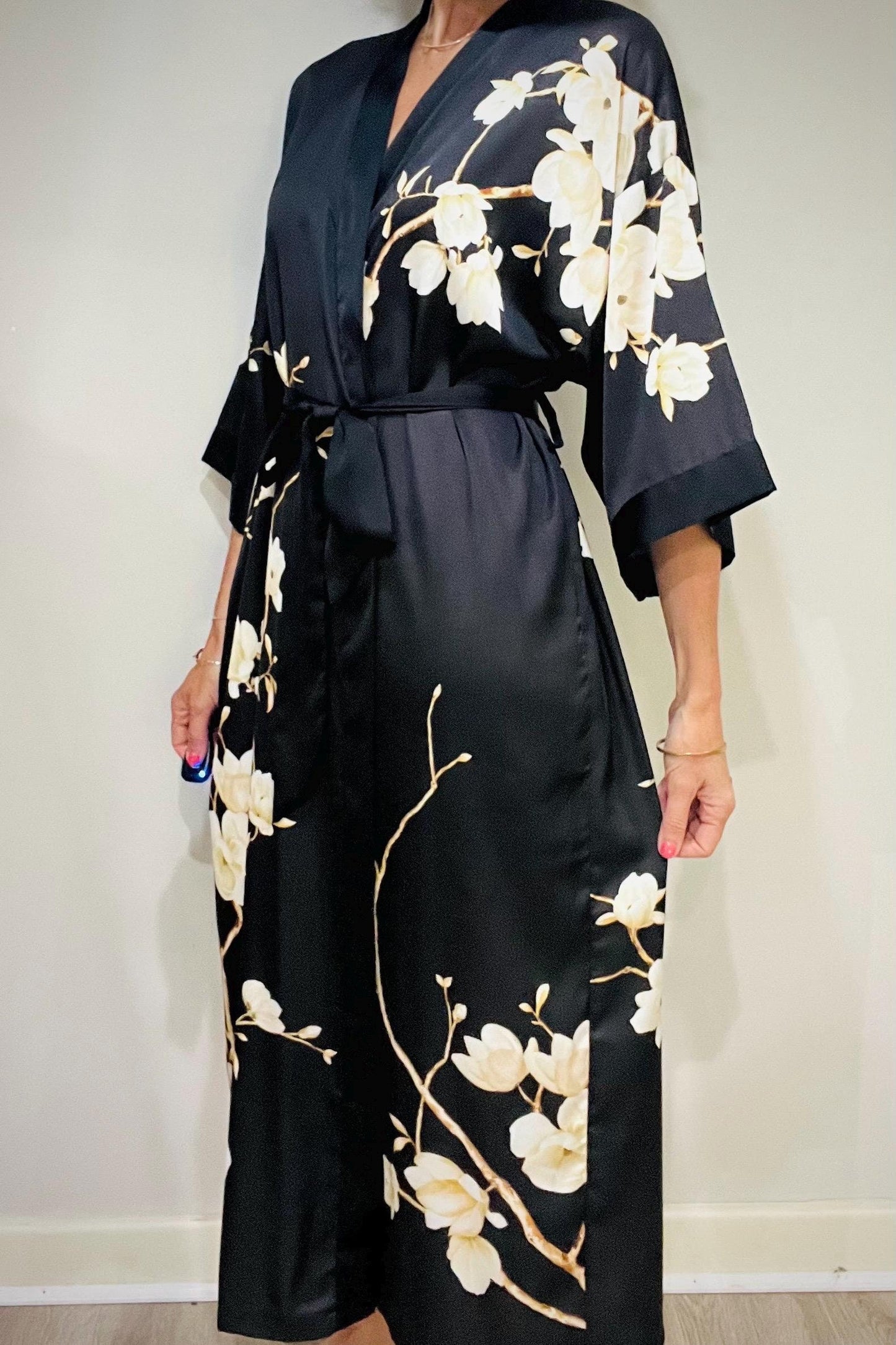 Kimono Robe, Japanese Dressing Gown, Luxury Satin Robe, Bridesmaid Robe, Womens Dressing Gown, Dressing Gown, Black Magnolia Flowers