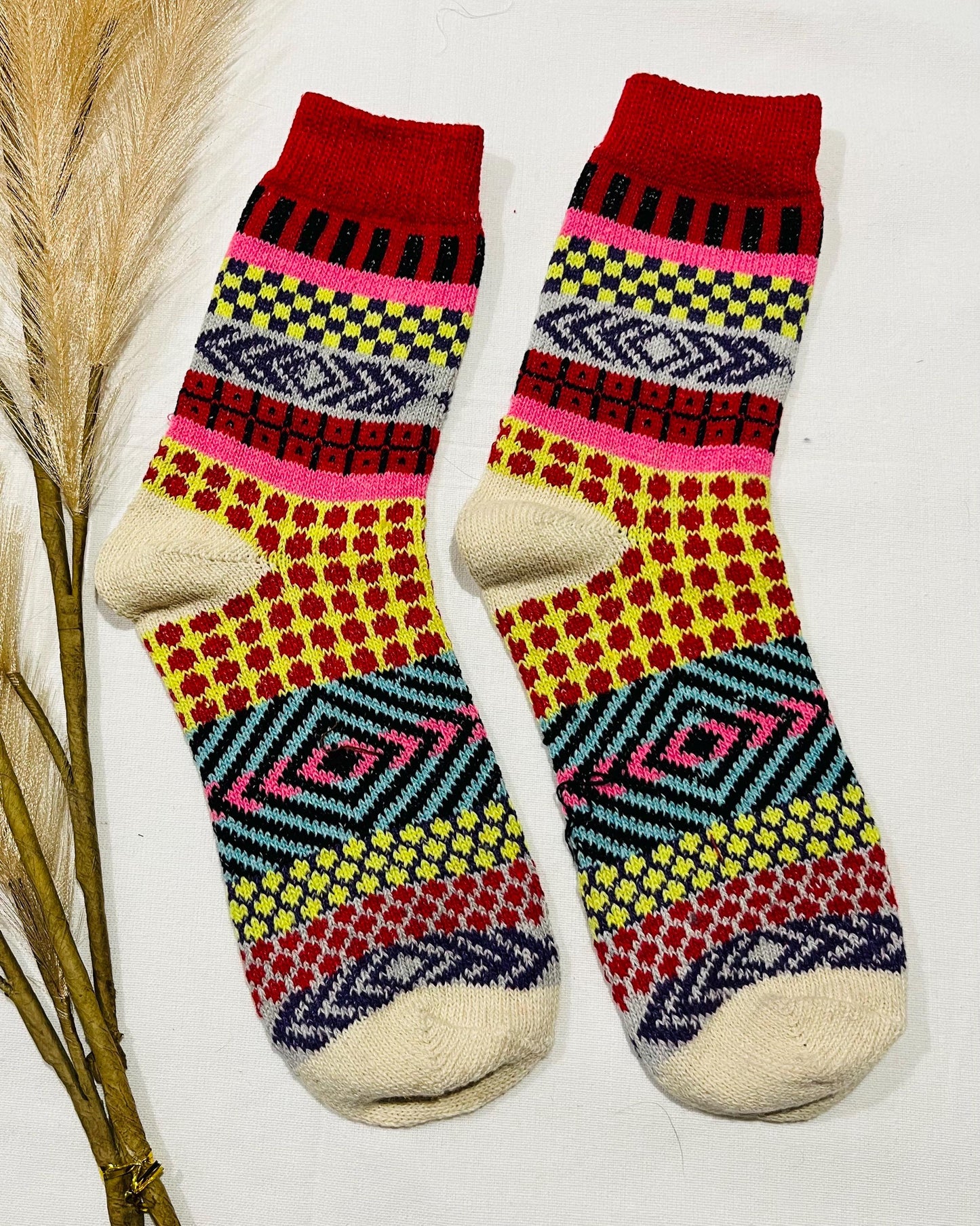 2 x Pairs Wool Socks for Her, Walking Socks, Funny Socks for her, Warm Woolen Socks for Women, Nordic Socks for her, Womens Walking Socks,