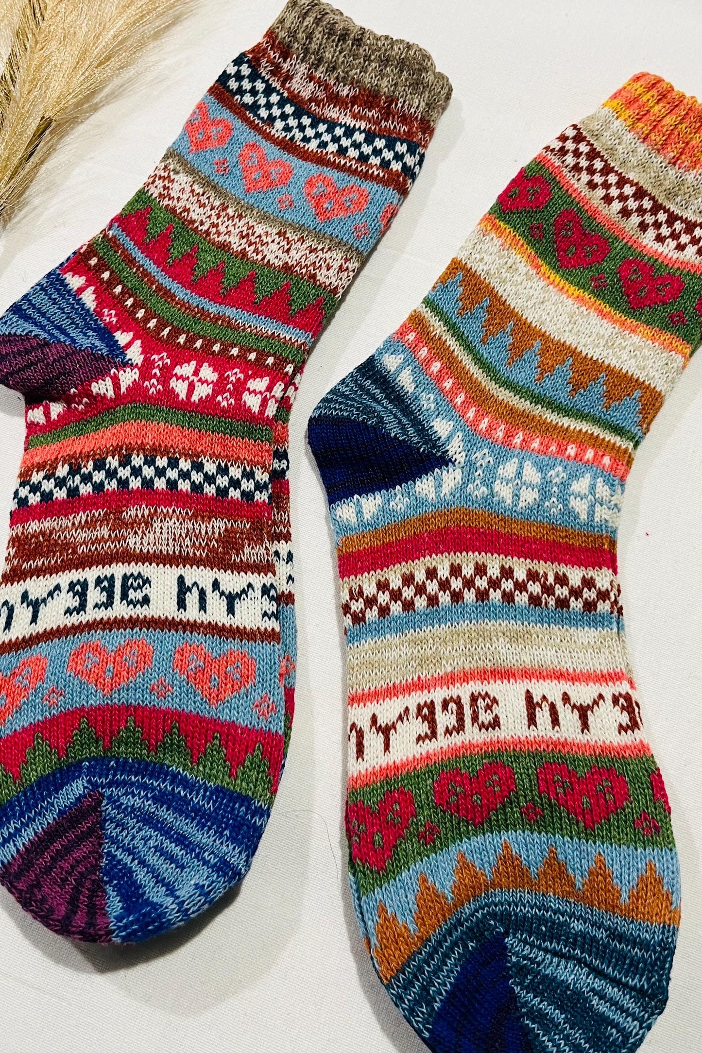 2 x Pairs Wool Socks for Her, Walking Socks, Funny Socks for her, Warm Woolen Socks for Women, Nordic Socks for her, Womens Walking Socks,