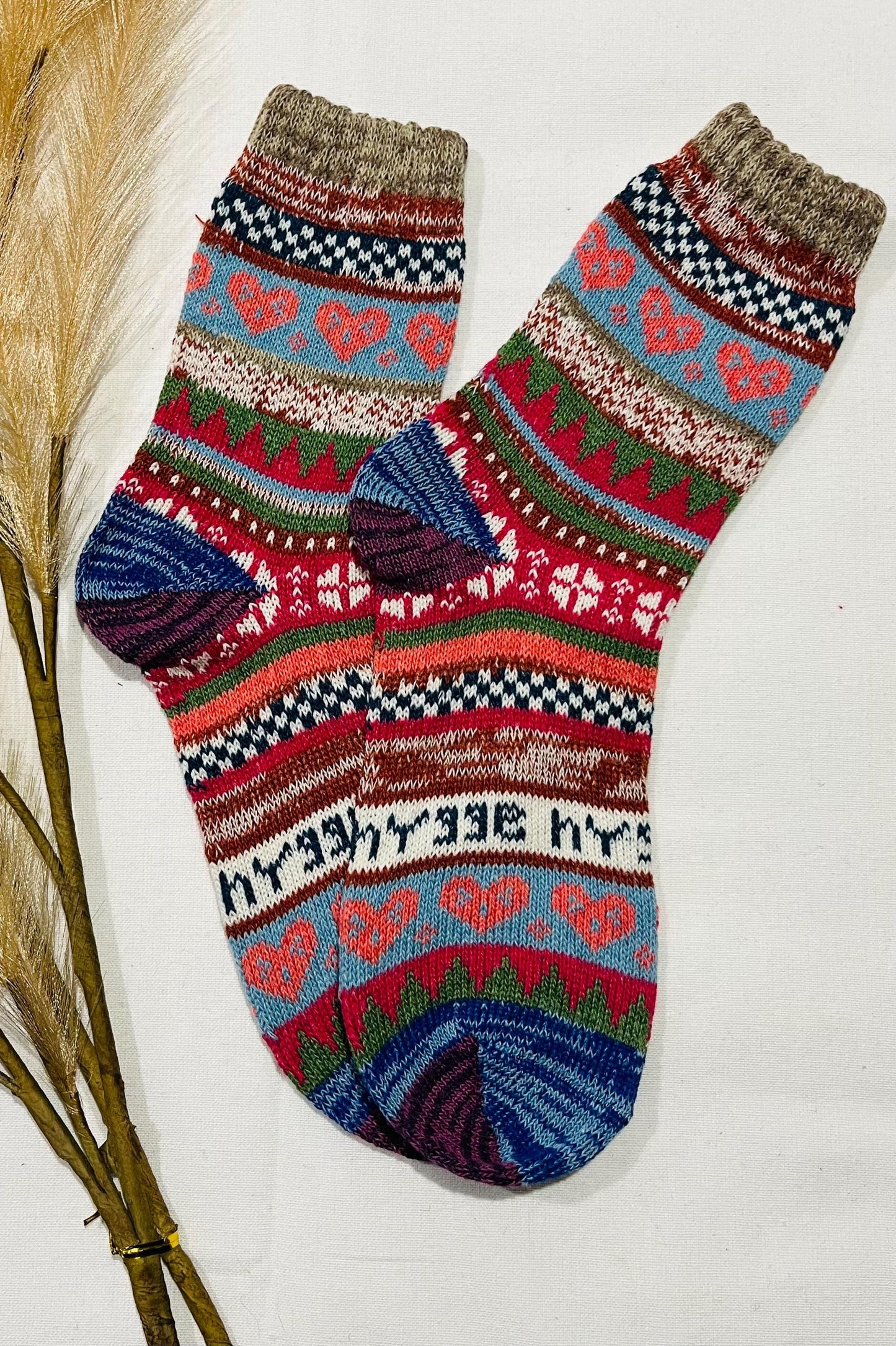 2 x Pairs Wool Socks for Her, Walking Socks, Funny Socks for her, Warm Woolen Socks for Women, Nordic Socks for her, Womens Walking Socks,