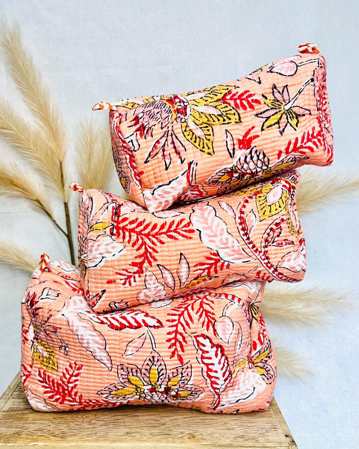 Set of 3 Cotton Washable Makeup Bag | Waterproof Lined Toiletry Travel Bags | Set of 3 Eco-Friendly Cosmetic Organizers | Pink Makeup Bag