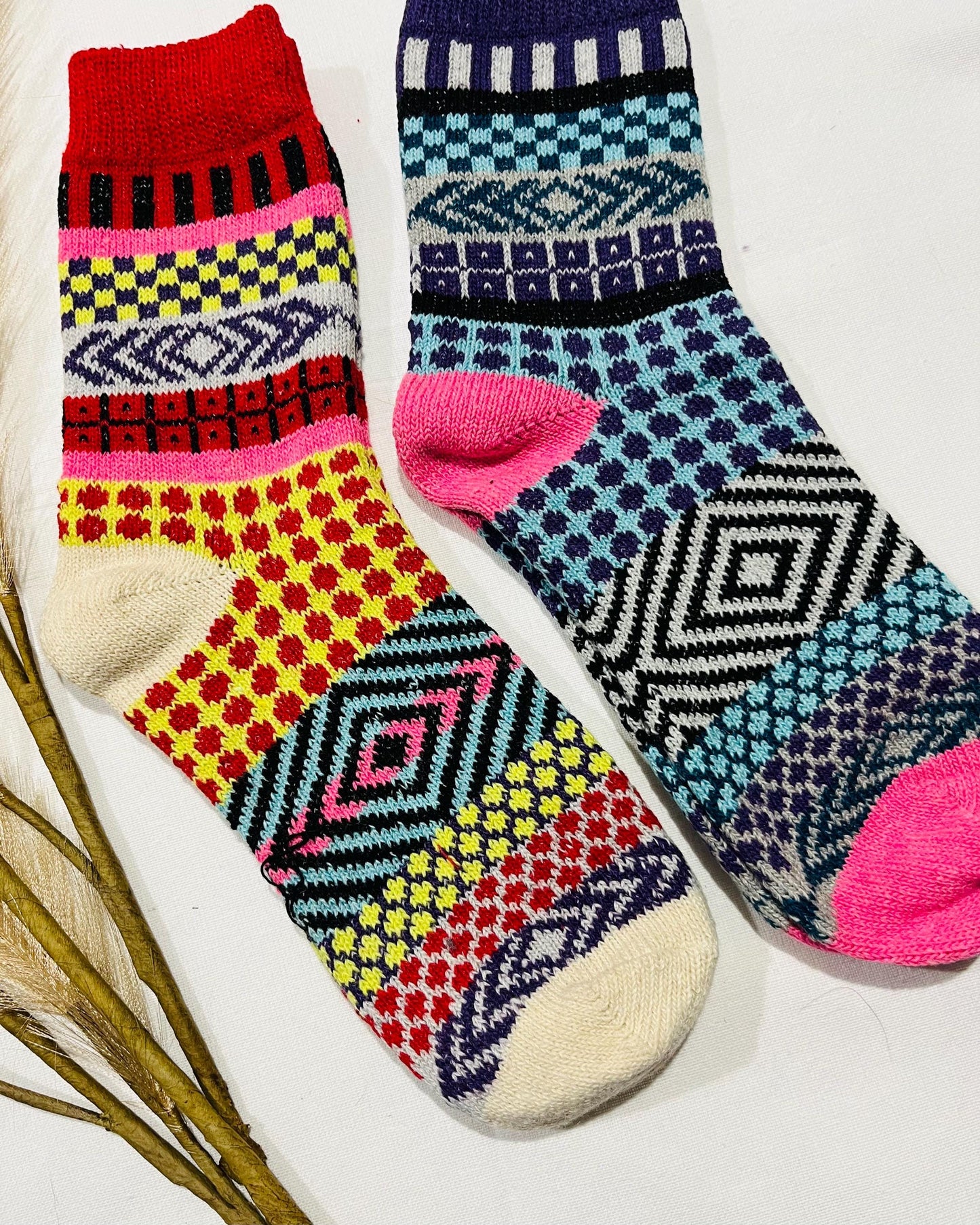 2 x Pairs Wool Socks for Her, Walking Socks, Funny Socks for her, Warm Woolen Socks for Women, Nordic Socks for her, Womens Walking Socks,