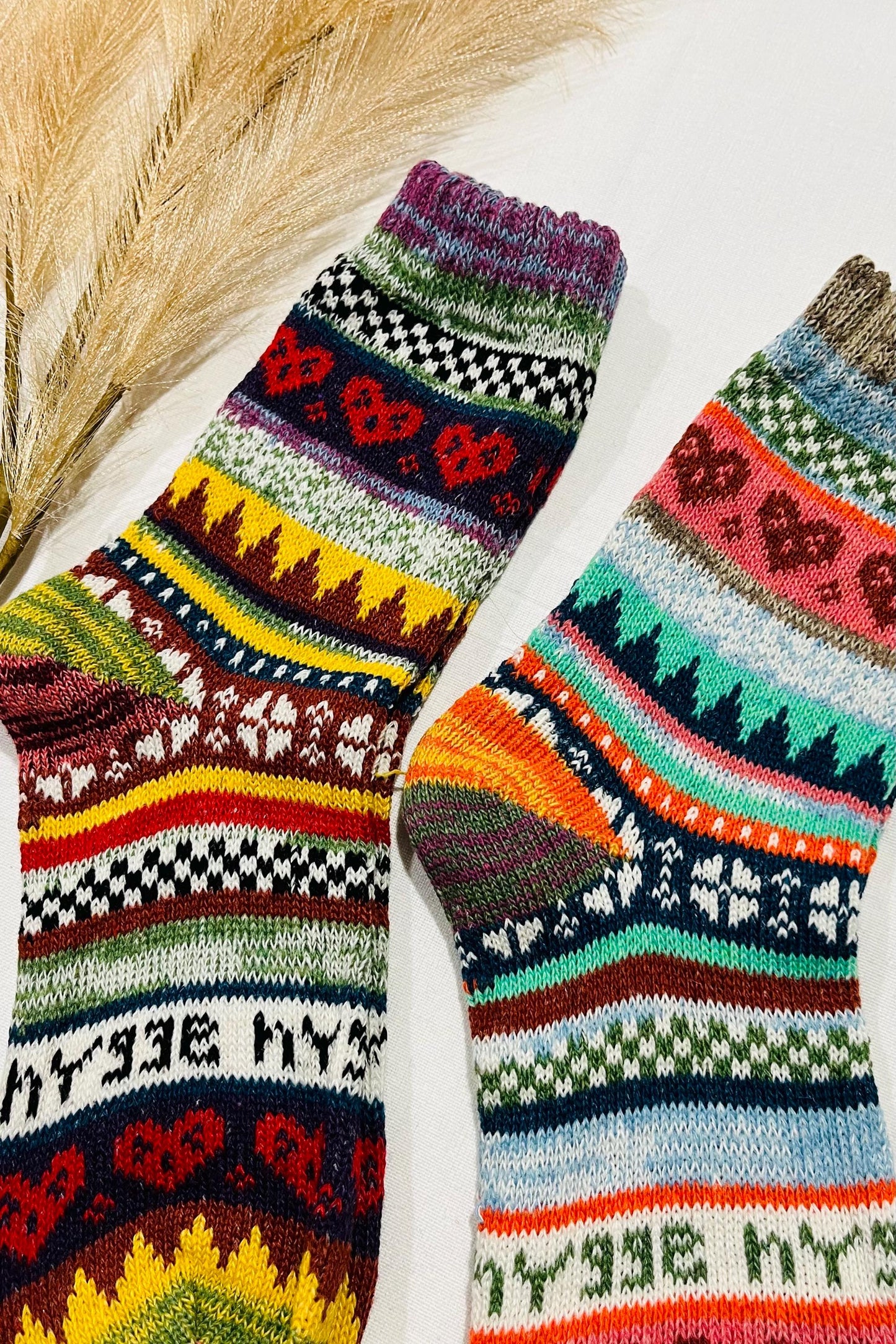 2 x Pairs Wool Socks for Her, Walking Socks, Funny Socks for her, Warm Woolen Socks for Women, Nordic Socks for her, Womens Walking Socks,