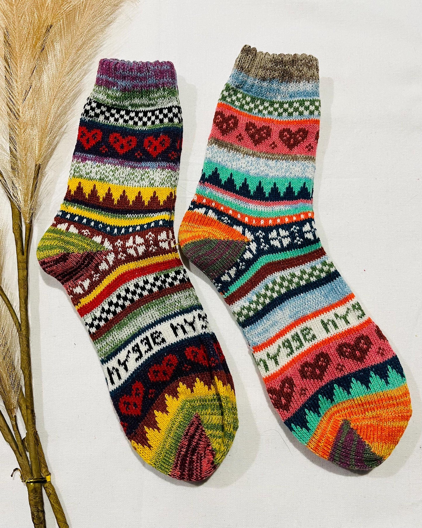 2 x Pairs Wool Socks for Her, Walking Socks, Funny Socks for her, Warm Woolen Socks for Women, Nordic Socks for her, Womens Walking Socks,