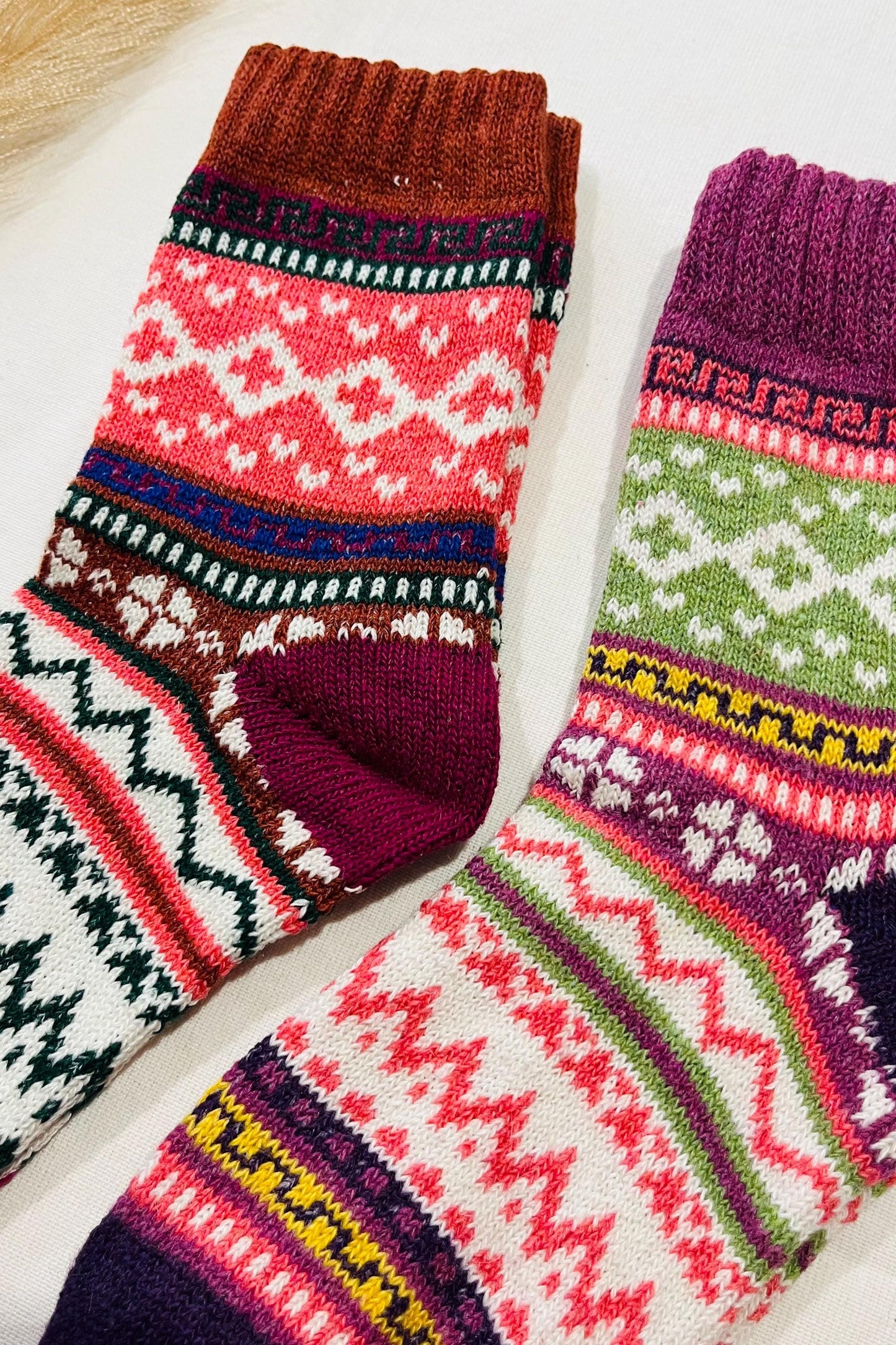2 x Pairs Wool Socks for Her, Walking Socks, Funny Socks for her, Warm Woolen Socks for Women, Nordic Socks for her, Womens Walking Socks,
