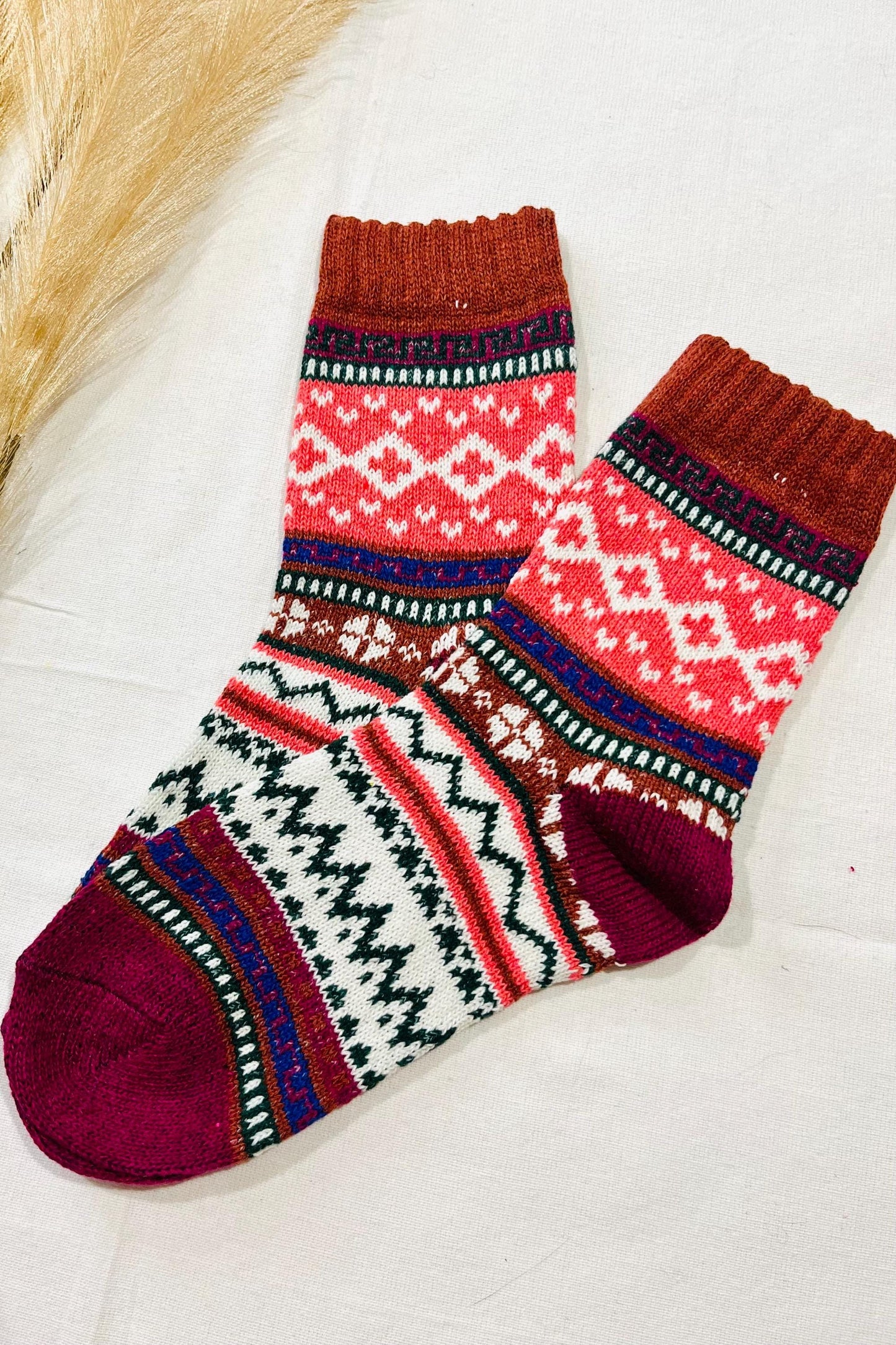 2 x Pairs Wool Socks for Her, Walking Socks, Funny Socks for her, Warm Woolen Socks for Women, Nordic Socks for her, Womens Walking Socks,