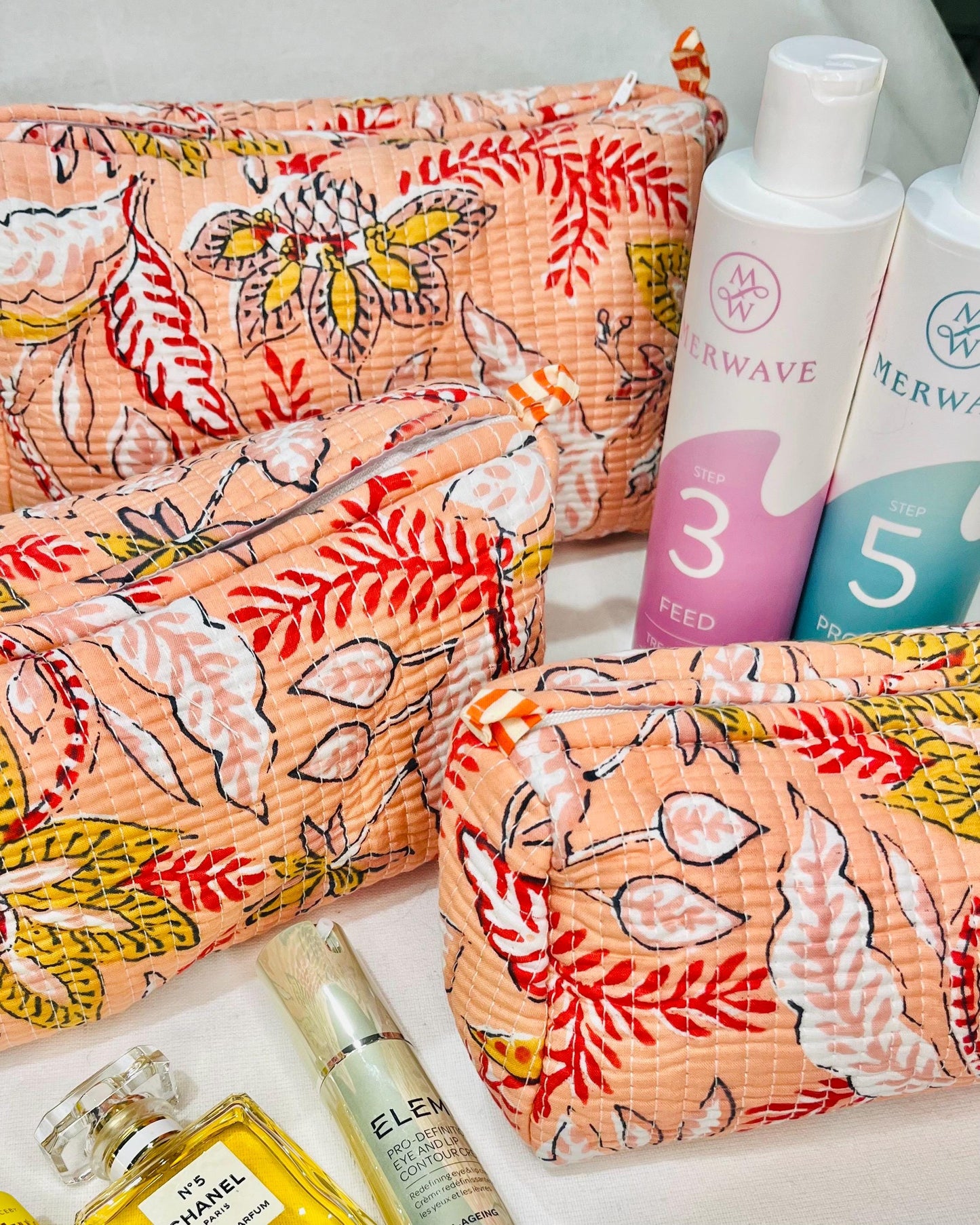 Set of 3 Cotton Washable Makeup Bag | Waterproof Lined Toiletry Travel Bags | Set of 3 Eco-Friendly Cosmetic Organizers | Pink Makeup Bag