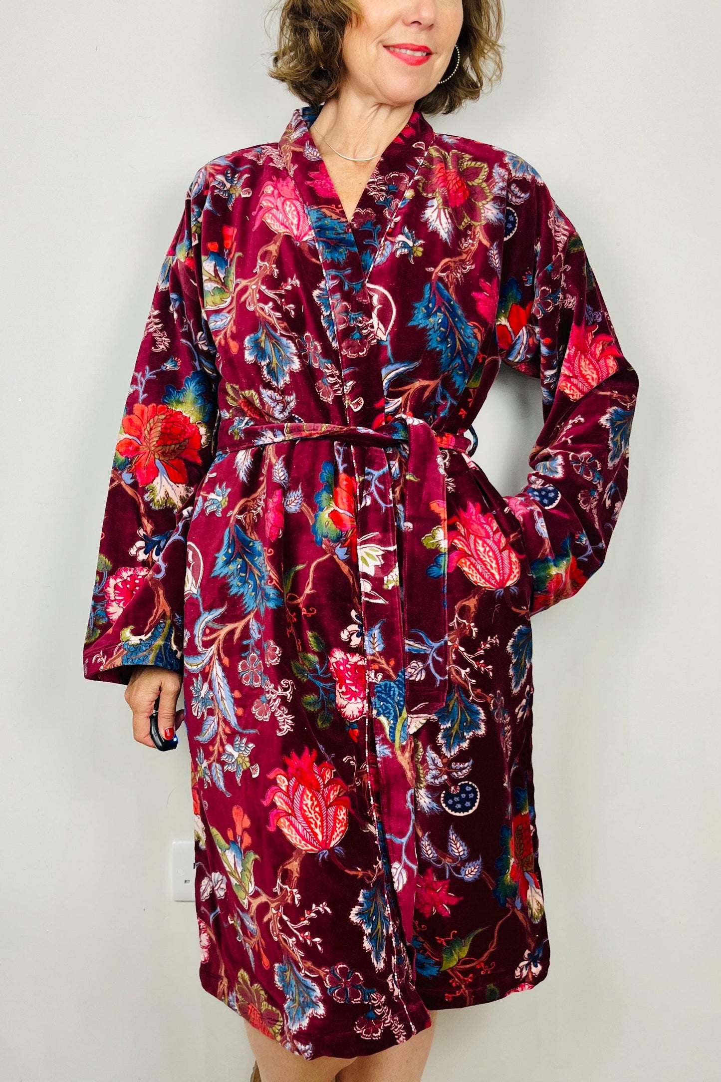 Velvet Kimono Robe | Womens Cotton Lined Dressing Gown | Velour House Coat | Luxury Loungewear For Her | Burgundy Evening Jacket | Handmade