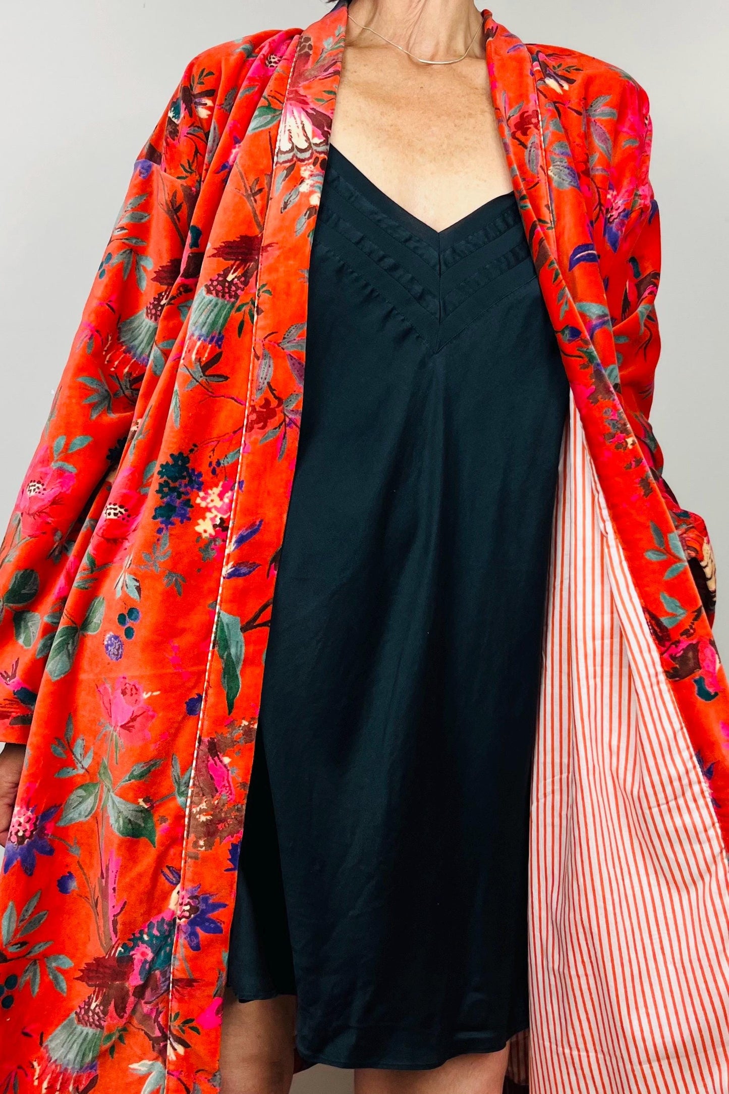 Velvet Kimono Robe | Womens Cotton Lined Dressing Gown | Velour House Coat | Luxury Loungewear For Her | Orange Evening Jacket | Handmade