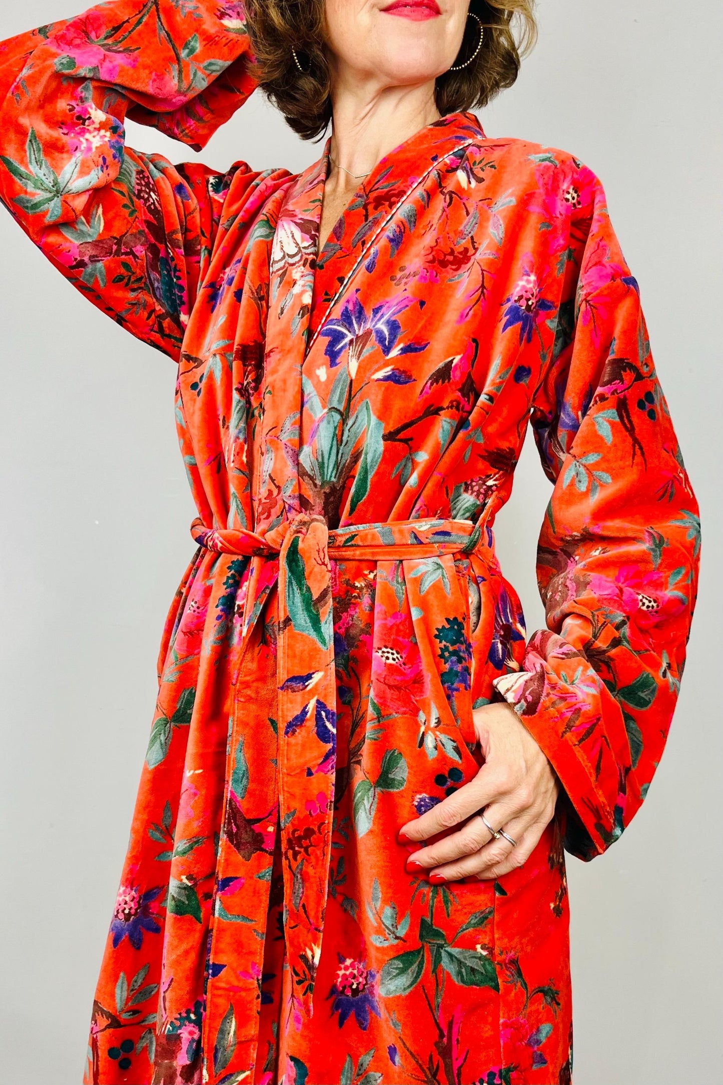 Velvet Kimono Robe | Womens Cotton Lined Dressing Gown | Velour House Coat | Luxury Loungewear For Her | Orange Evening Jacket | Handmade