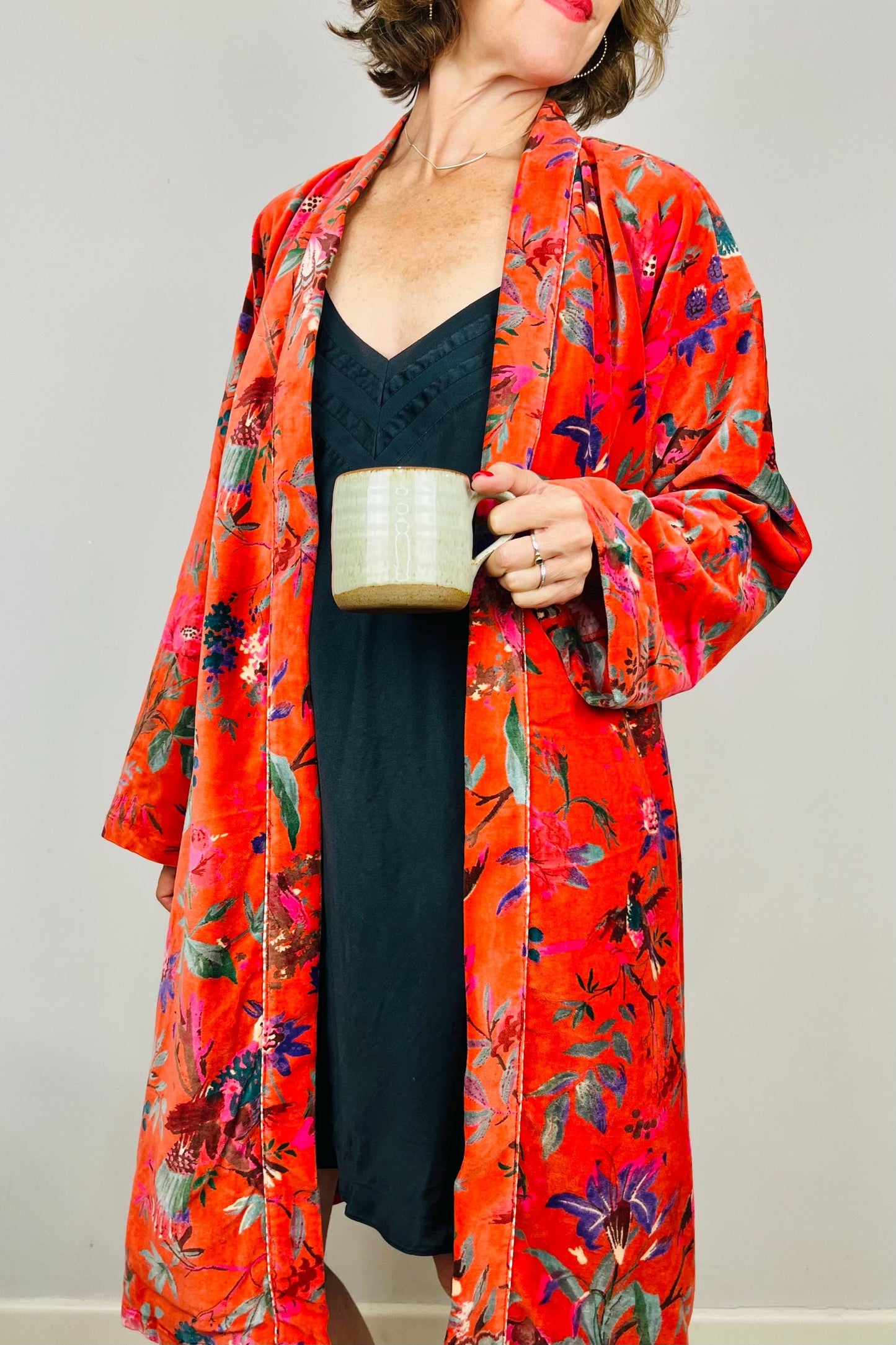 Velvet Kimono Robe | Womens Cotton Lined Dressing Gown | Velour House Coat | Luxury Loungewear For Her | Orange Evening Jacket | Handmade