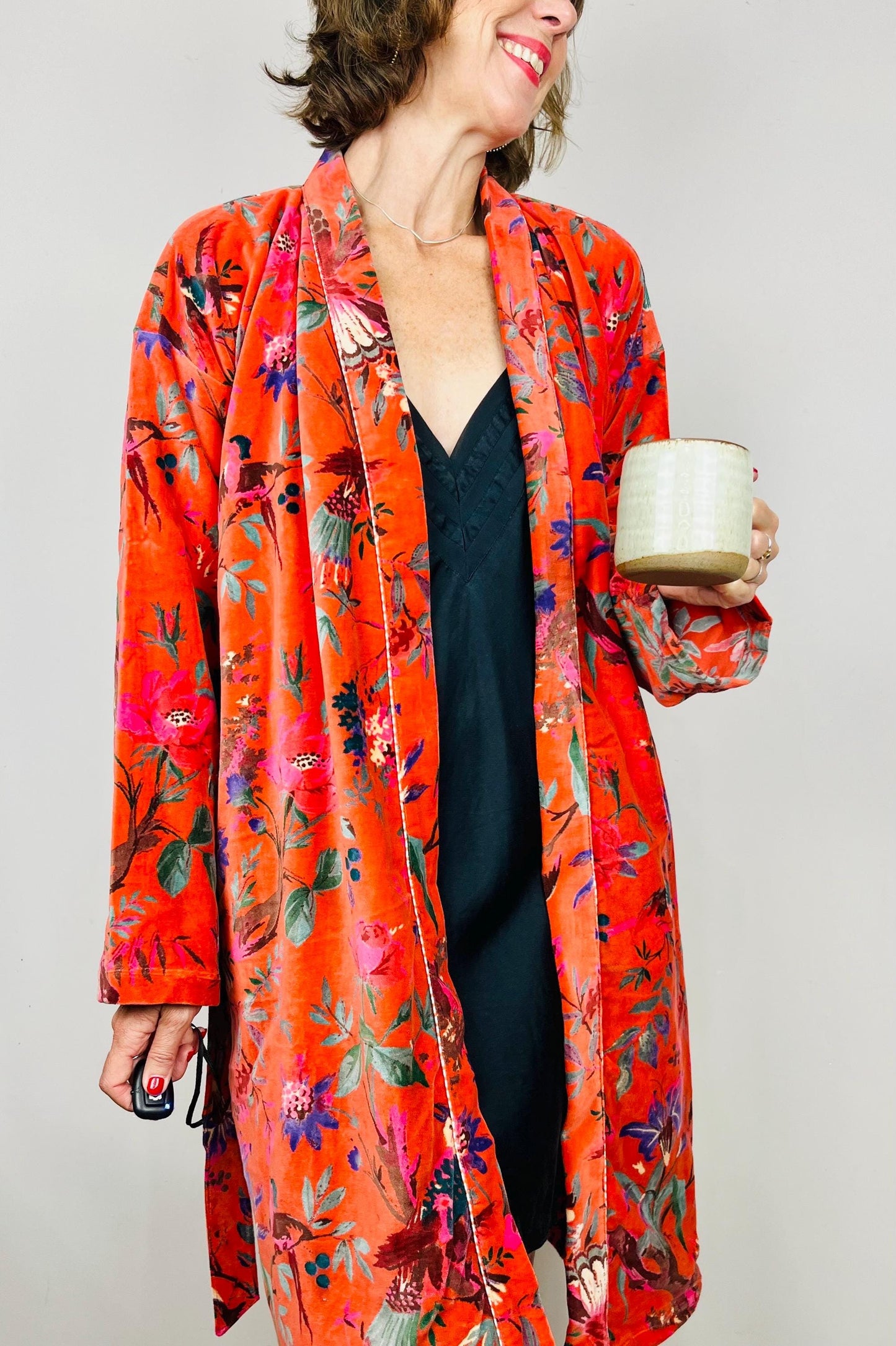 Velvet Kimono Robe | Womens Cotton Lined Dressing Gown | Velour House Coat | Luxury Loungewear For Her | Orange Evening Jacket | Handmade