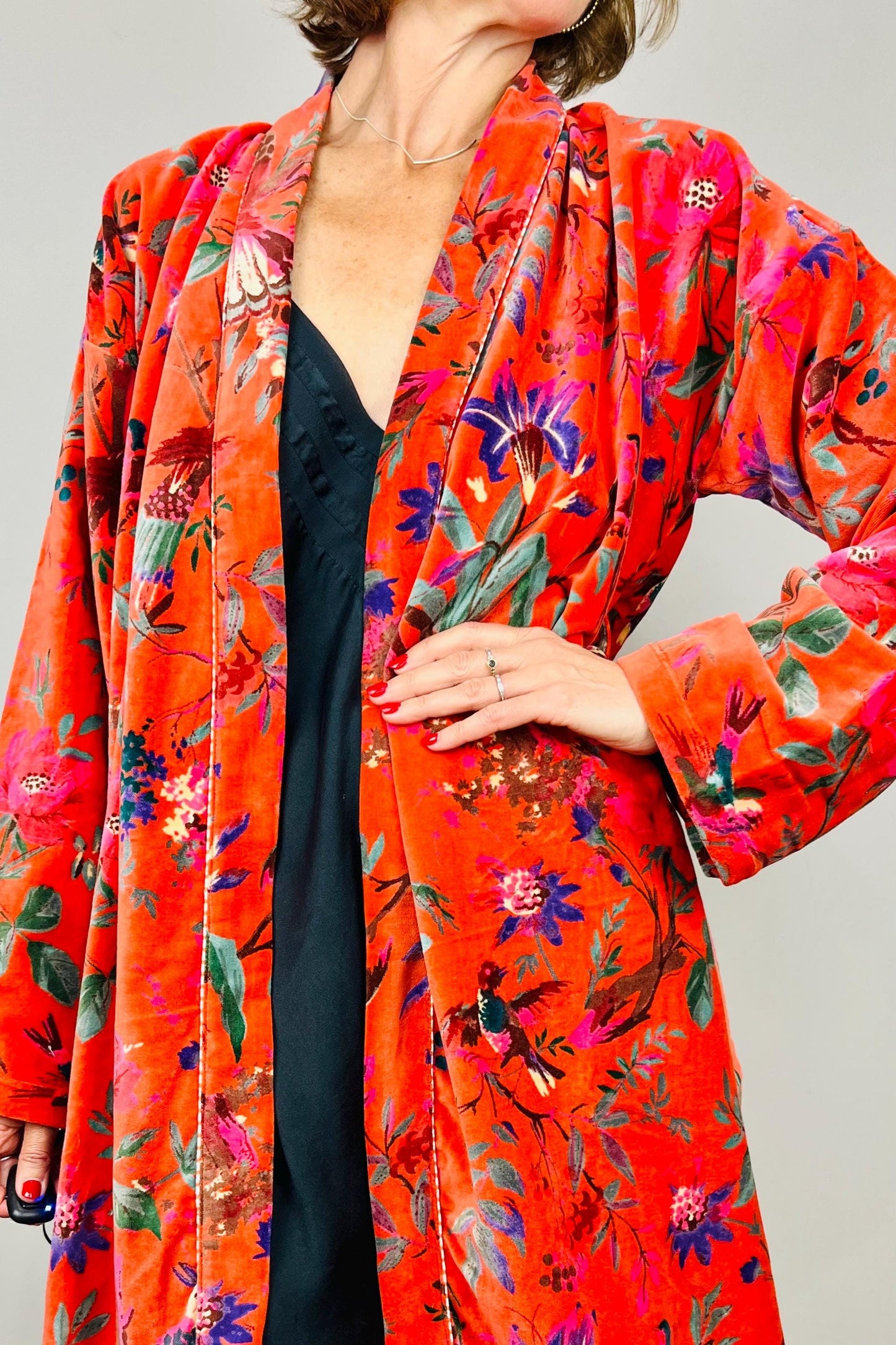 Velvet Kimono Robe | Womens Cotton Lined Dressing Gown | Velour House Coat | Luxury Loungewear For Her | Orange Evening Jacket | Handmade