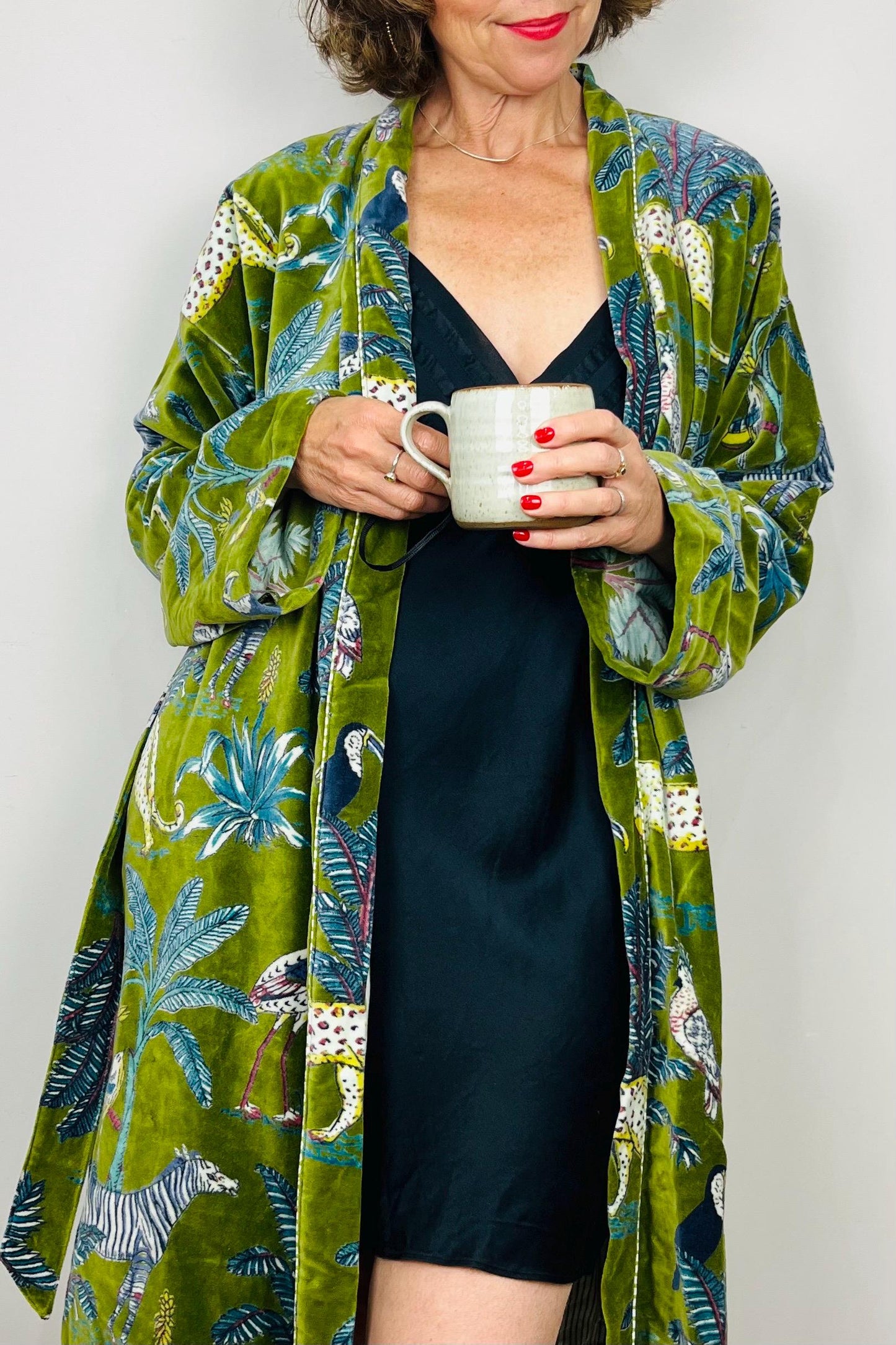 Velvet Kimono Robe | Womens Cotton Lined Dressing Gown | Velour House Coat | Luxury Loungewear For Her | Green Evening Jacket | Handmade